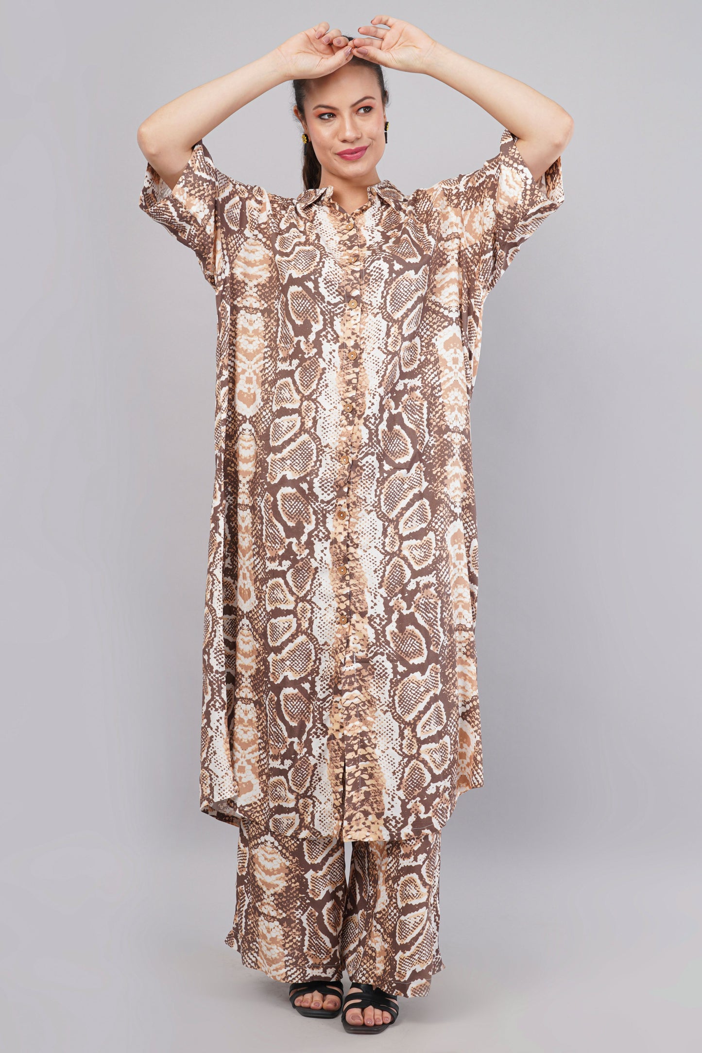 Animal Print Cotton Co-ord Set - Longline Button-Down Shirt & Wide Leg Trousers - Earthy Brown Animal Print Two-Piece Set - Modern Safari Loungewear
