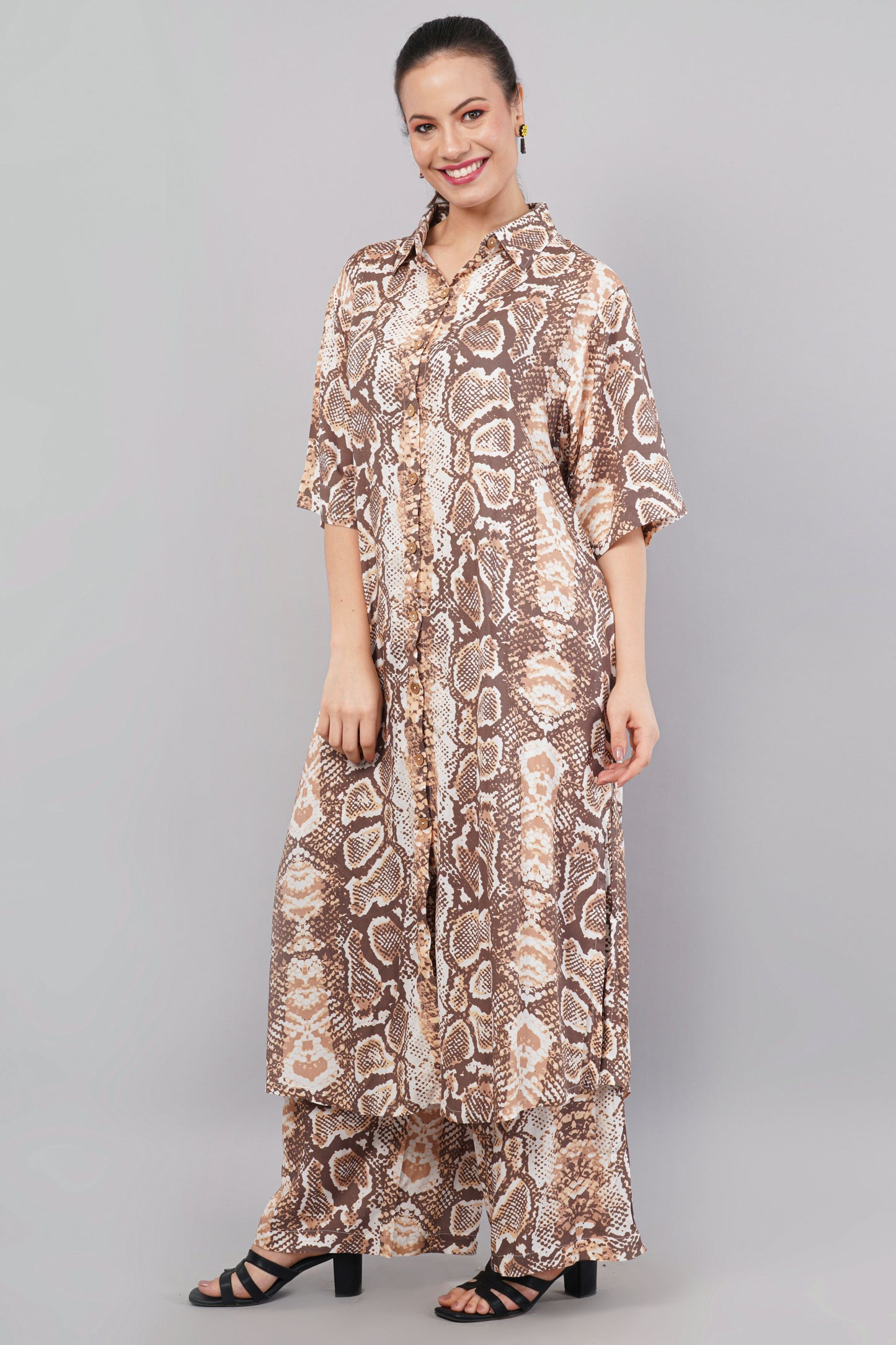 Animal Print Cotton Co-ord Set - Longline Button-Down Shirt & Wide Leg Trousers - Earthy Brown Animal Print Two-Piece Set - Modern Safari Loungewear