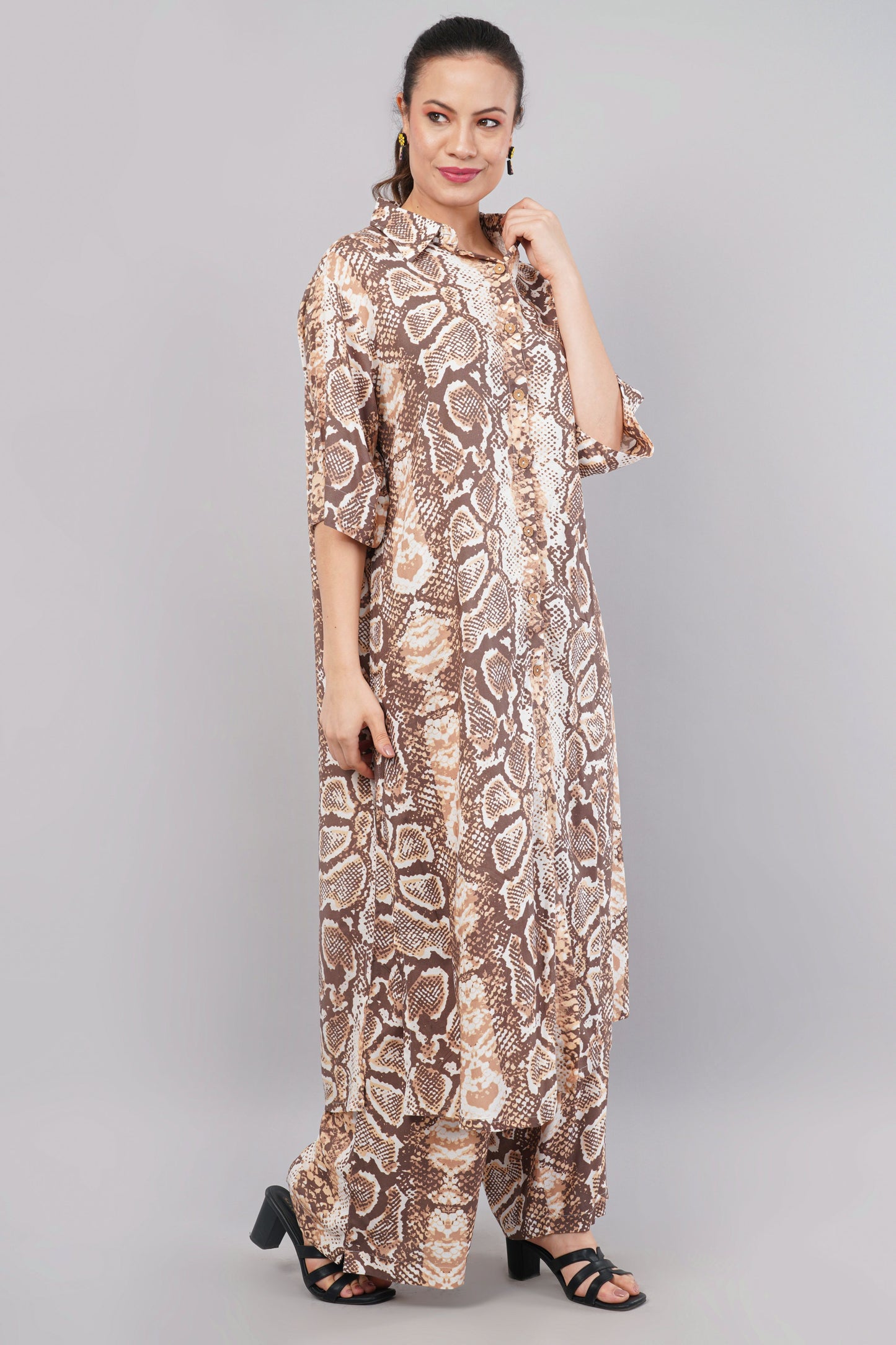 Animal Print Cotton Co-ord Set - Longline Button-Down Shirt & Wide Leg Trousers - Earthy Brown Animal Print Two-Piece Set - Modern Safari Loungewear