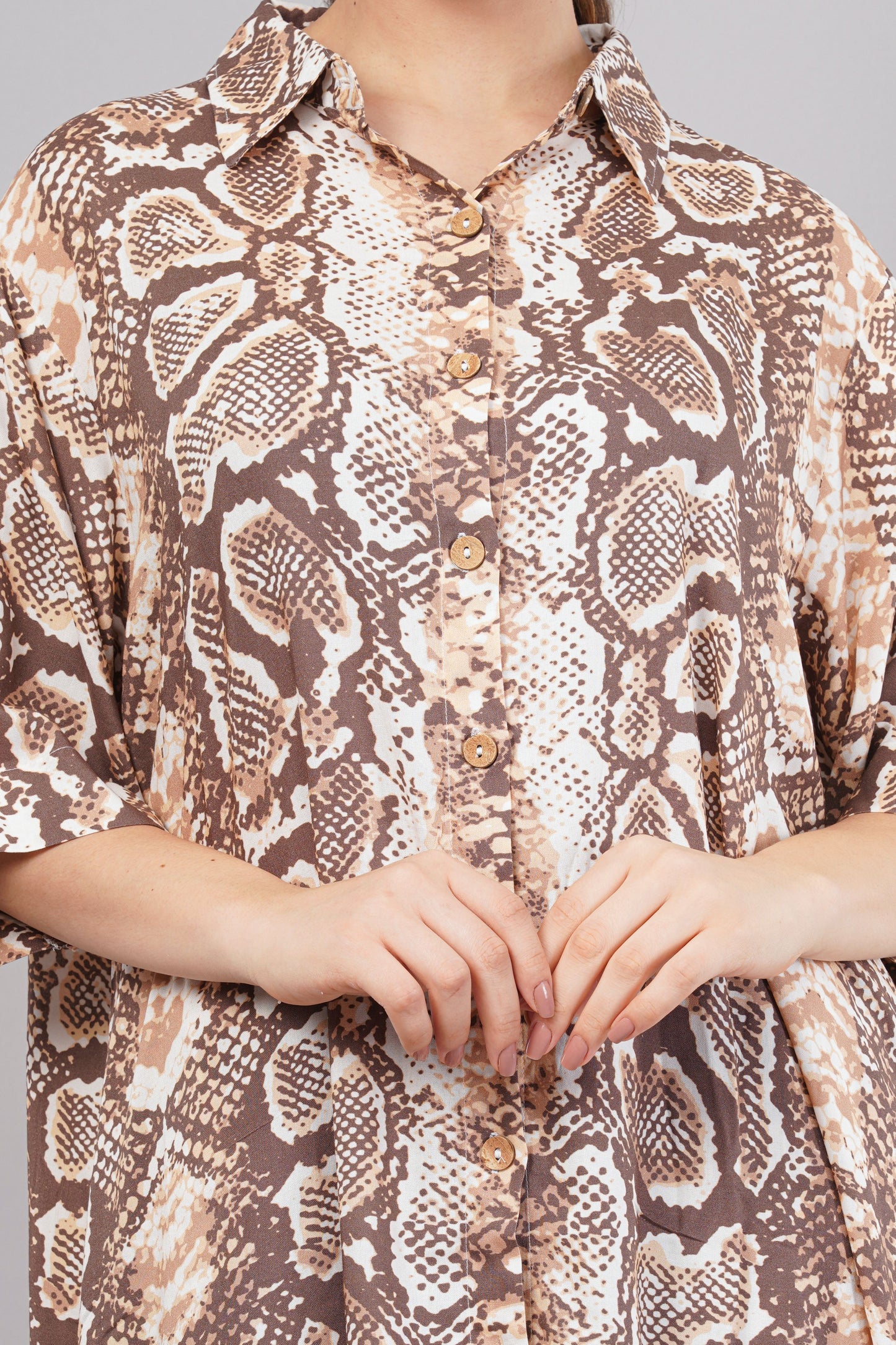 Animal Print Cotton Co-ord Set - Longline Button-Down Shirt & Wide Leg Trousers - Earthy Brown Animal Print Two-Piece Set - Modern Safari Loungewear