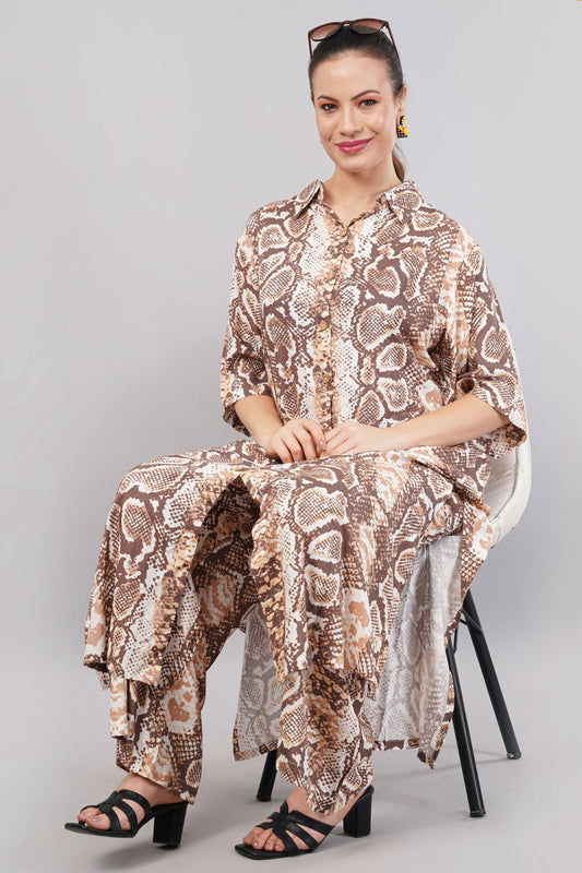 Animal Print Cotton Co-ord Set - Longline Button-Down Shirt & Wide Leg Trousers - Earthy Brown Animal Print Two-Piece Set - Modern Safari Loungewear