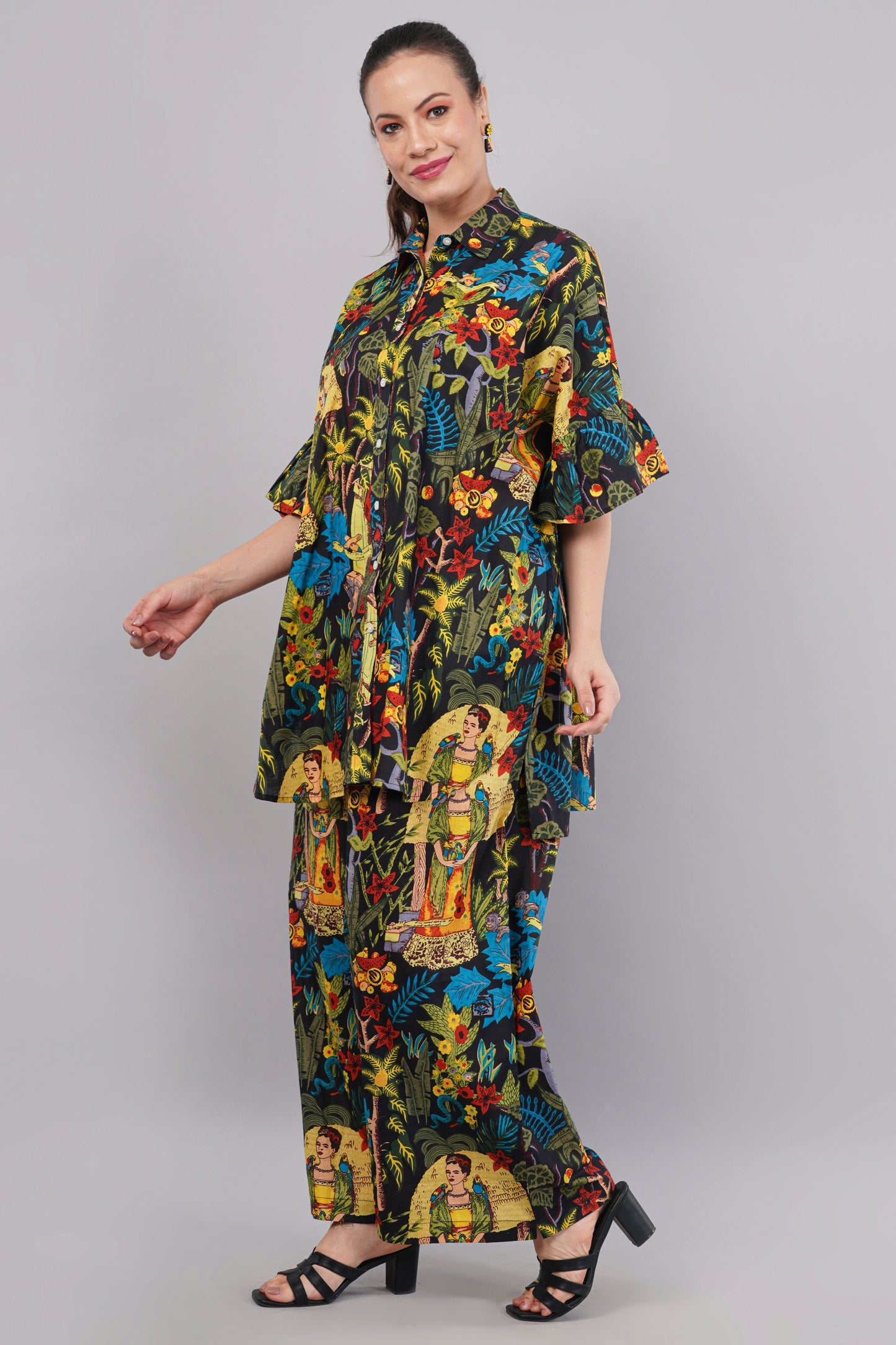 Frida’s Kahlo Tropical Print Co-ord Set - Oversized Shirt & Wide-Leg Pants