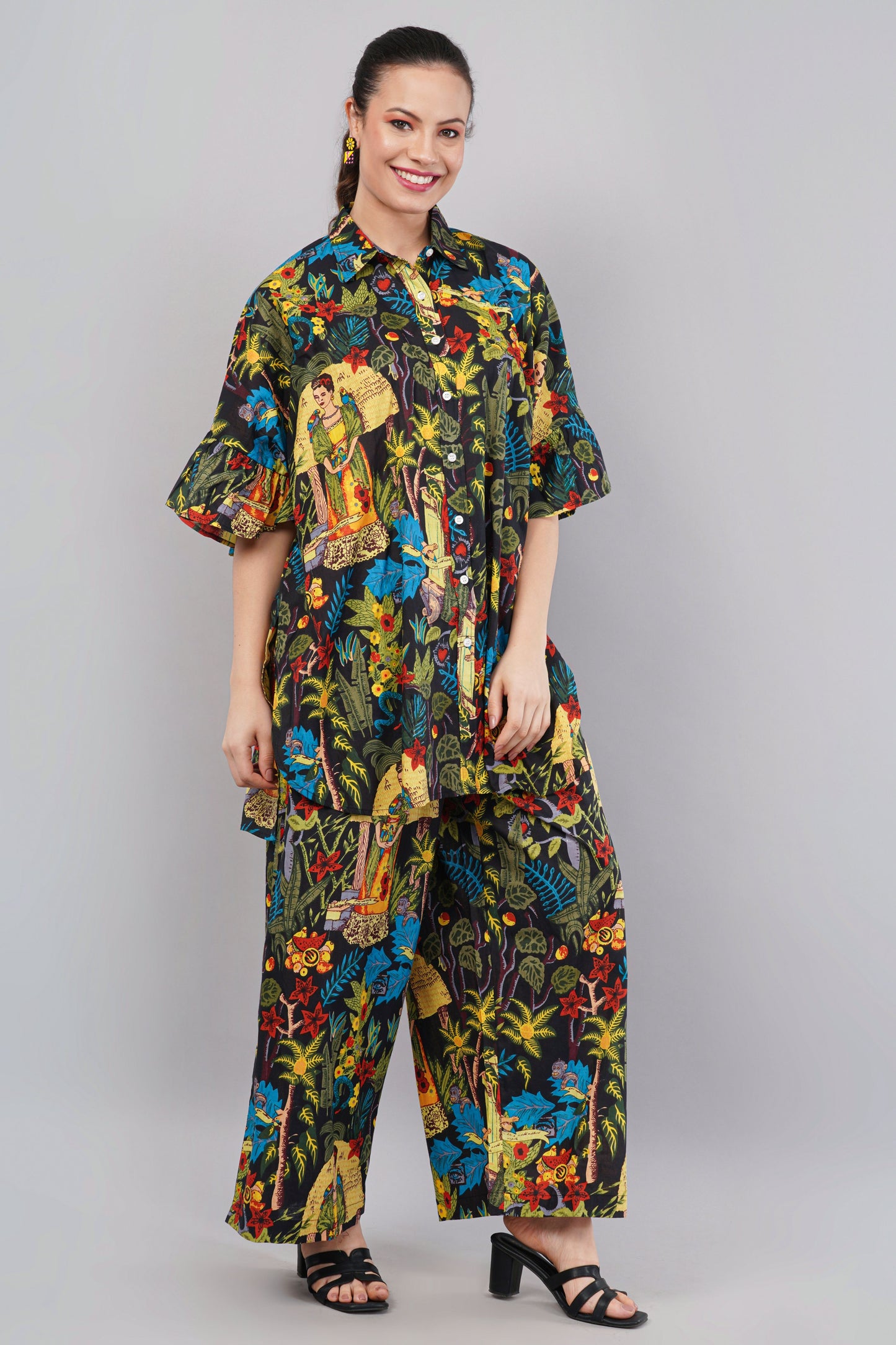 Frida’s Kahlo Tropical Print Co-ord Set - Oversized Shirt & Wide-Leg Pants