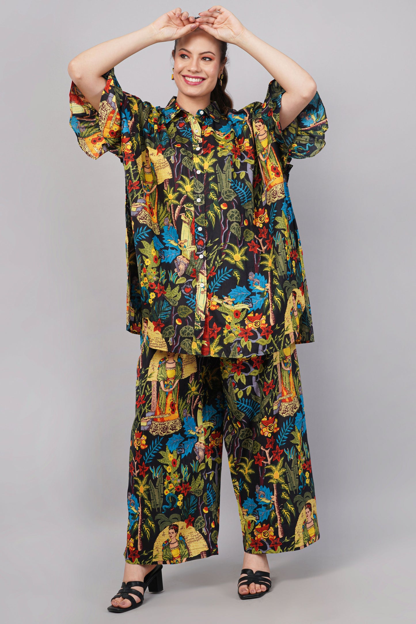 Frida’s Kahlo Tropical Print Co-ord Set - Oversized Shirt & Wide-Leg Pants