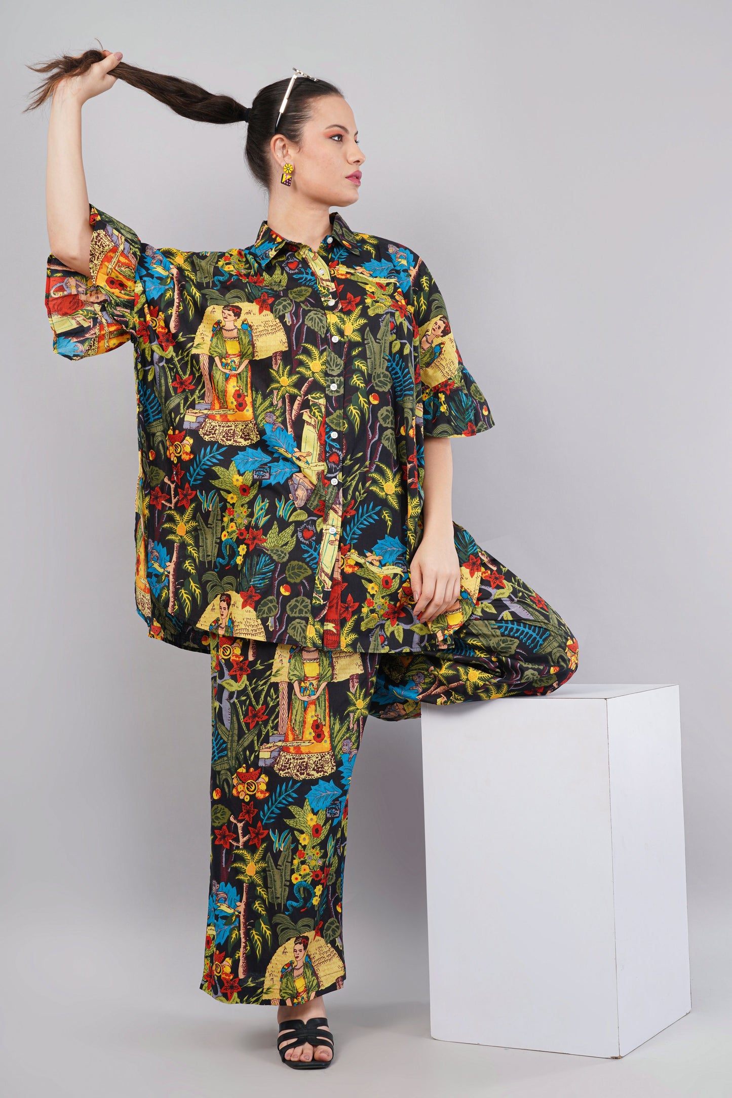 Frida’s Kahlo Tropical Print Co-ord Set - Oversized Shirt & Wide-Leg Pants