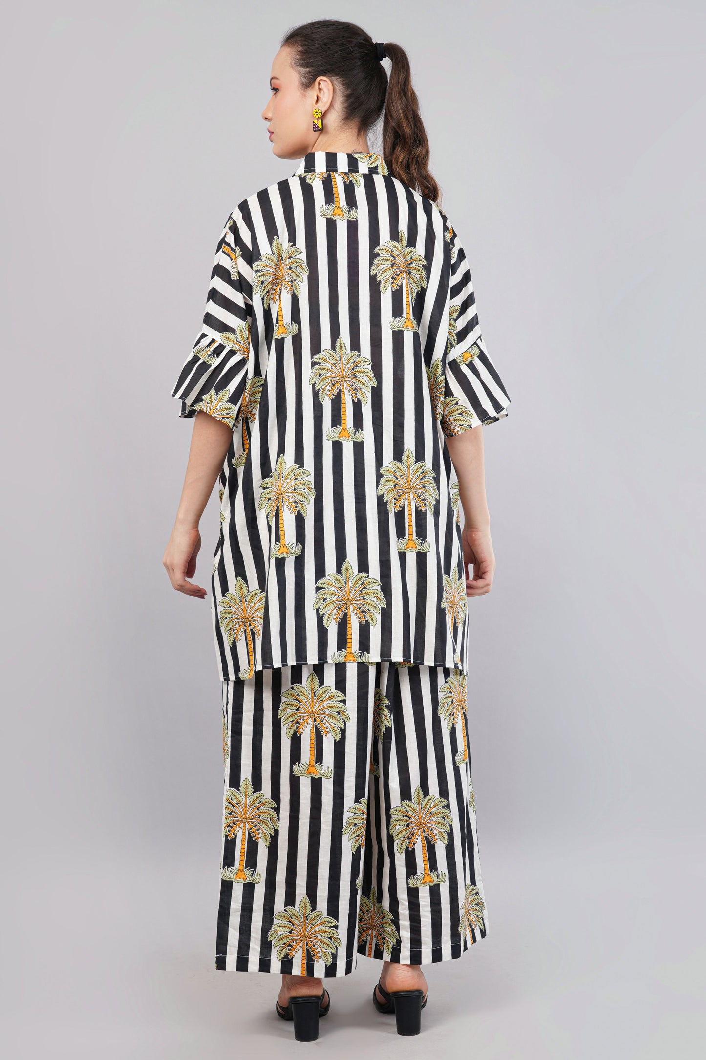 Black & White Striped Palm Print Co-Ord Set for Women – Relaxed Fit Shirt & Palazzo Pants