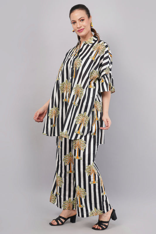Black & White Striped Palm Print Co-Ord Set for Women – Relaxed Fit Shirt & Palazzo Pants