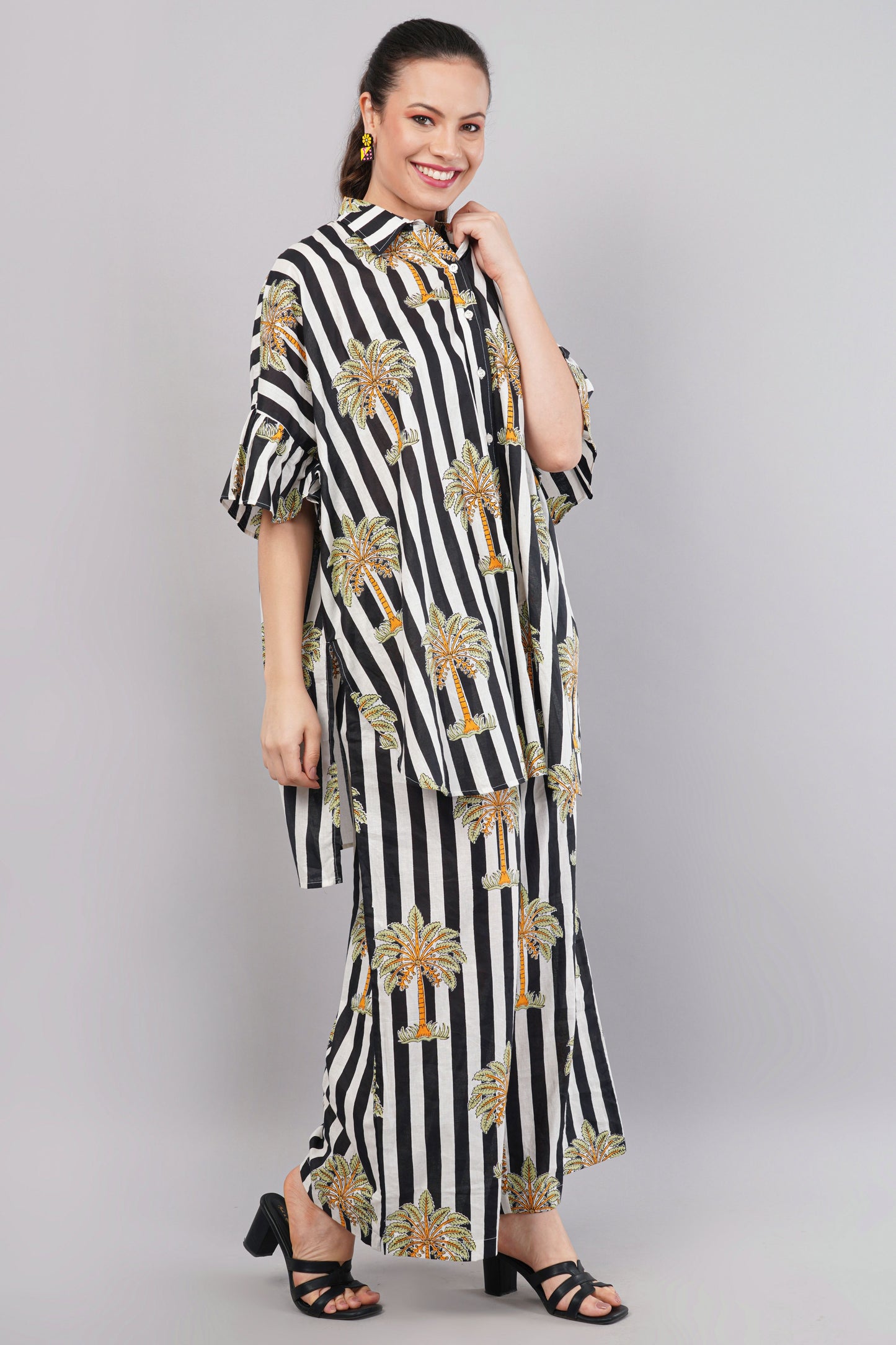 Black & White Striped Palm Print Co-Ord Set for Women – Relaxed Fit Shirt & Palazzo Pants