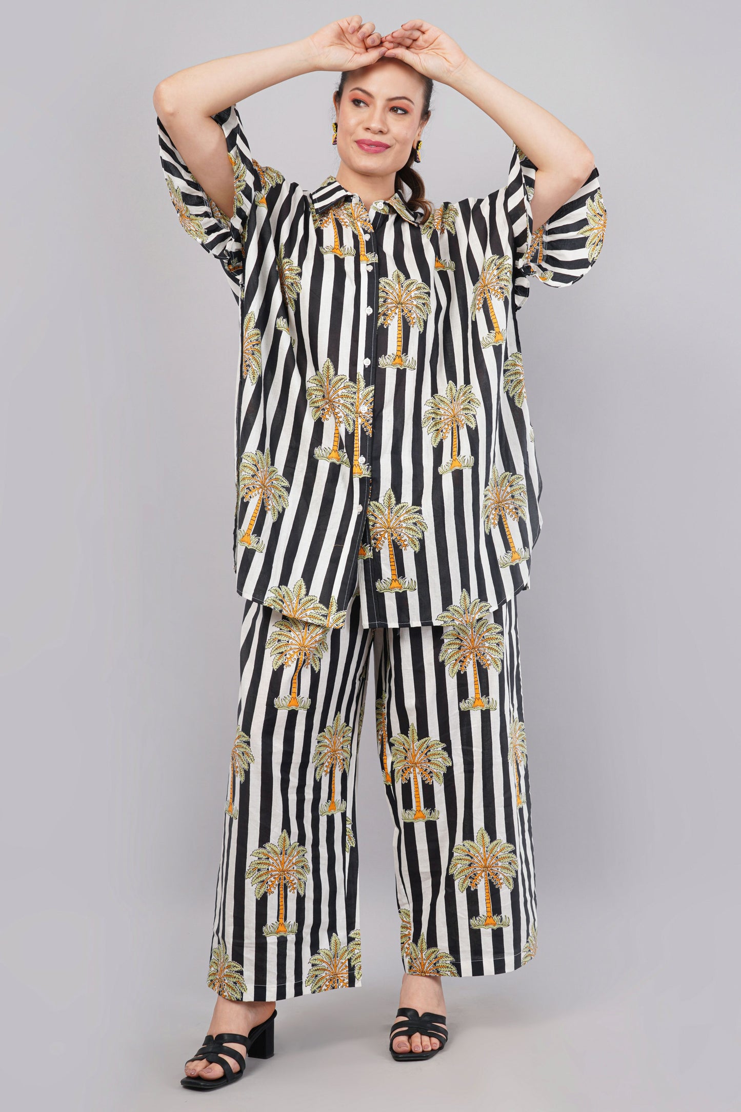 Black & White Striped Palm Print Co-Ord Set for Women – Relaxed Fit Shirt & Palazzo Pants