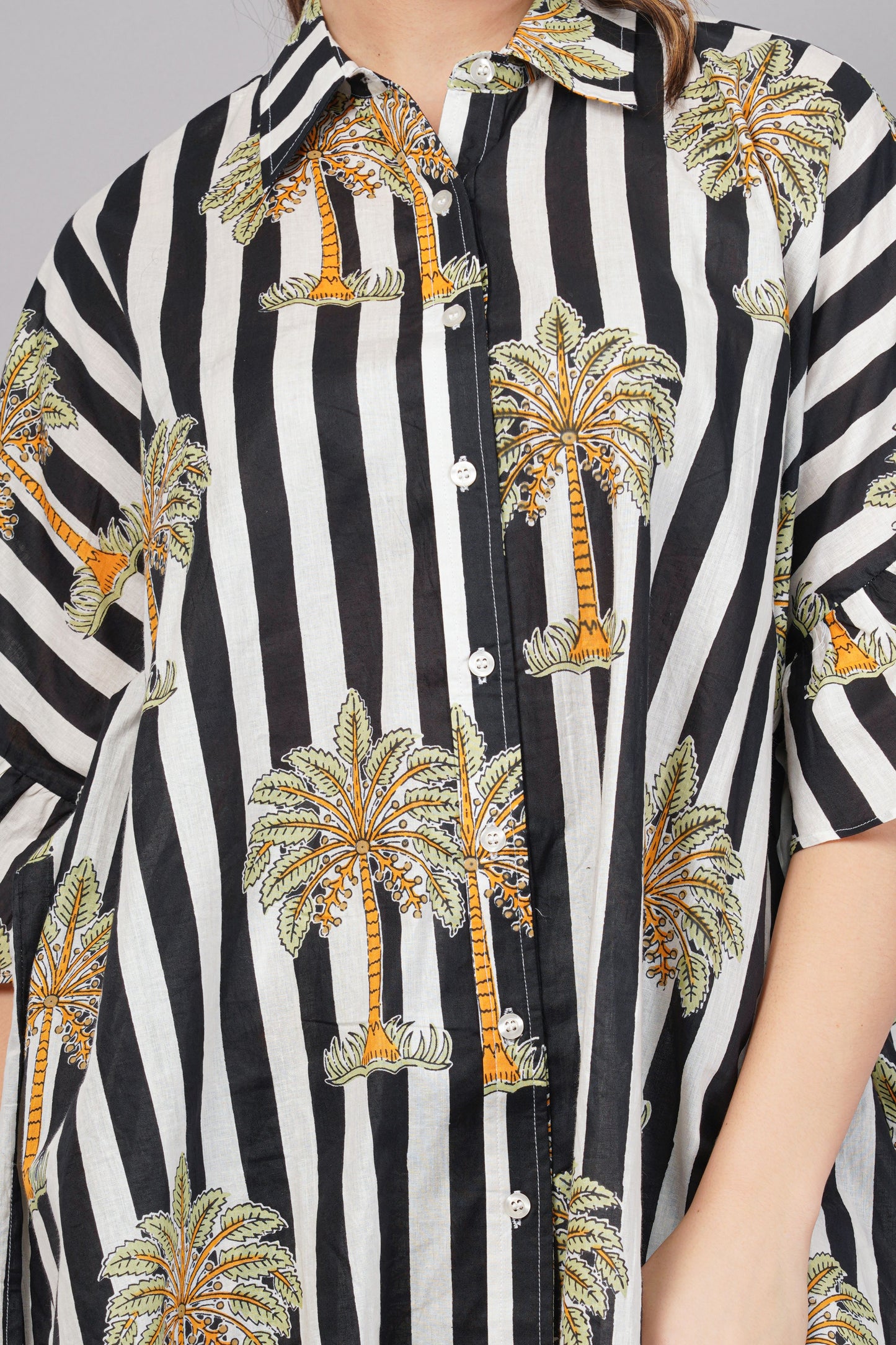 Black & White Striped Palm Print Co-Ord Set for Women – Relaxed Fit Shirt & Palazzo Pants