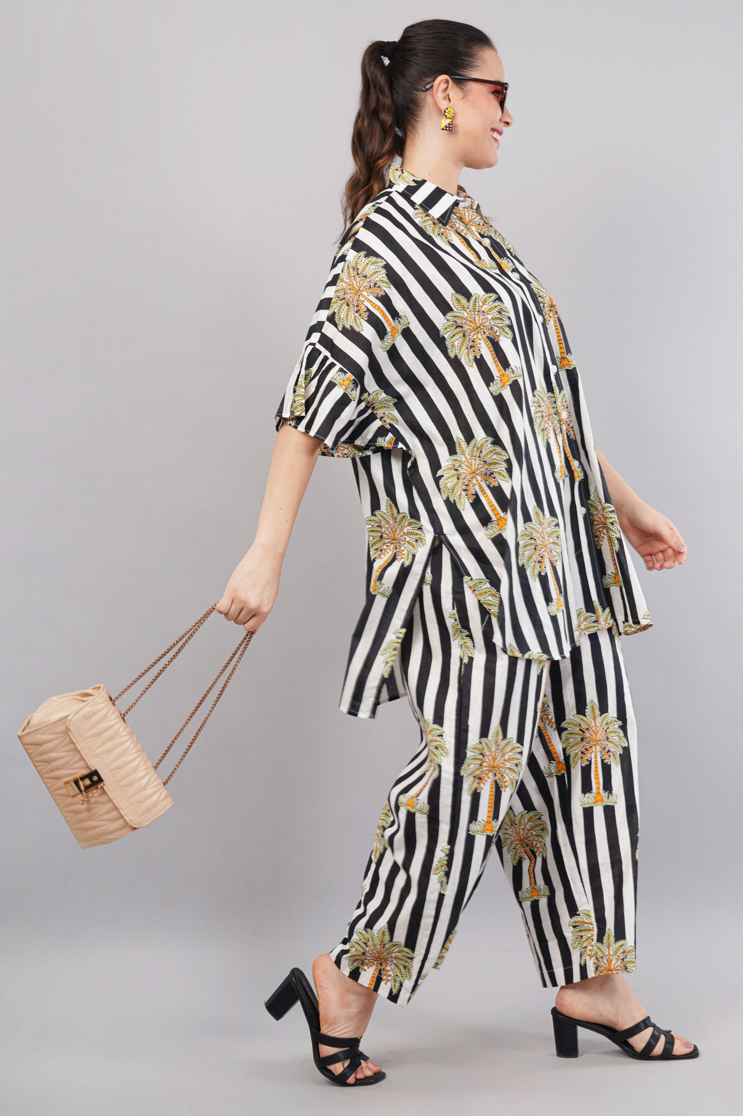 Black & White Striped Palm Print Co-Ord Set for Women – Relaxed Fit Shirt & Palazzo Pants