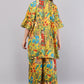 Yellow Frida Kahlo Artistic Print Co-Ord Set for Women | Relaxed Fit Shirt & Wide-Leg Pants