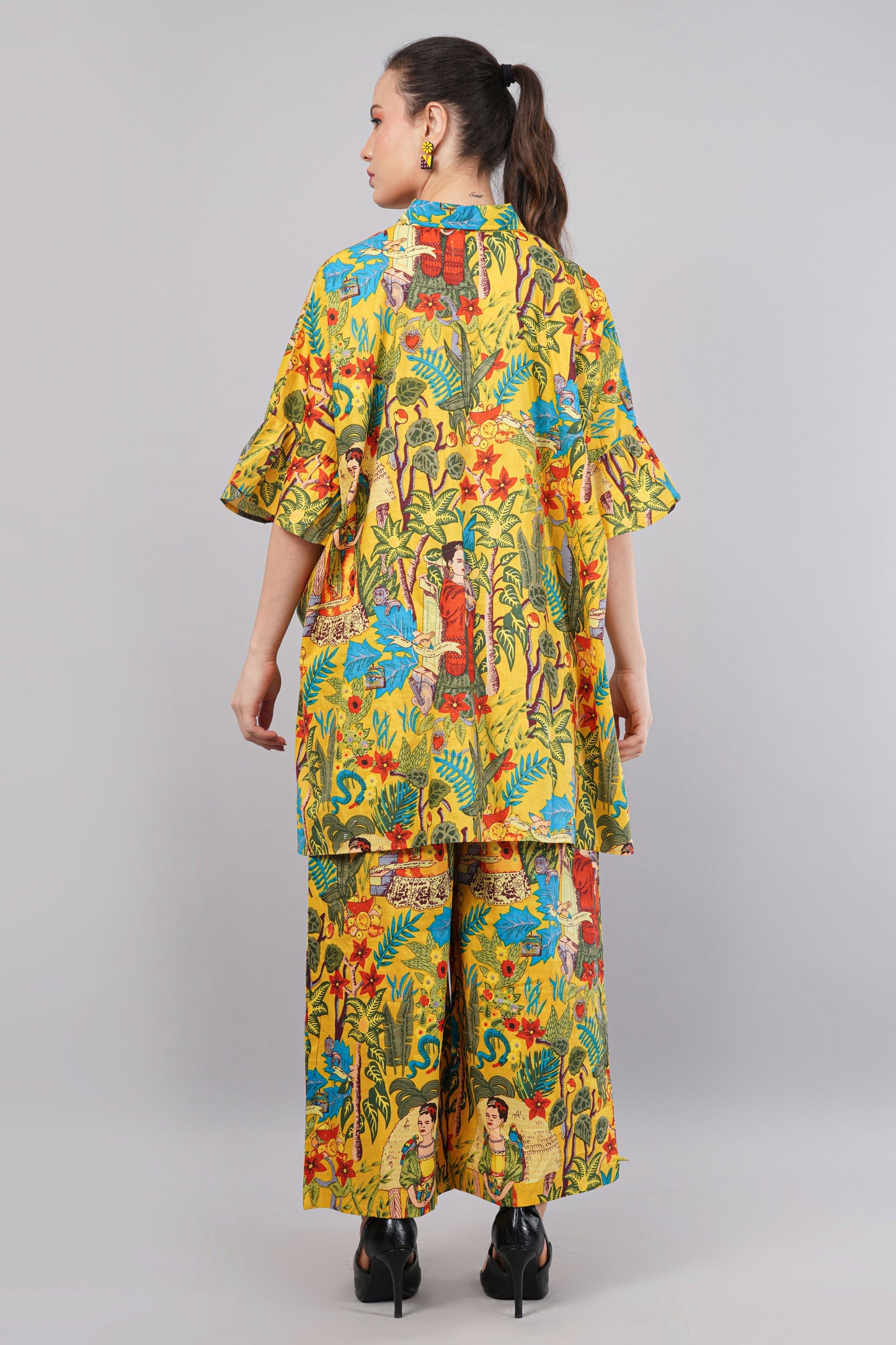 Yellow Frida Kahlo Artistic Print Co-Ord Set for Women | Relaxed Fit Shirt & Wide-Leg Pants