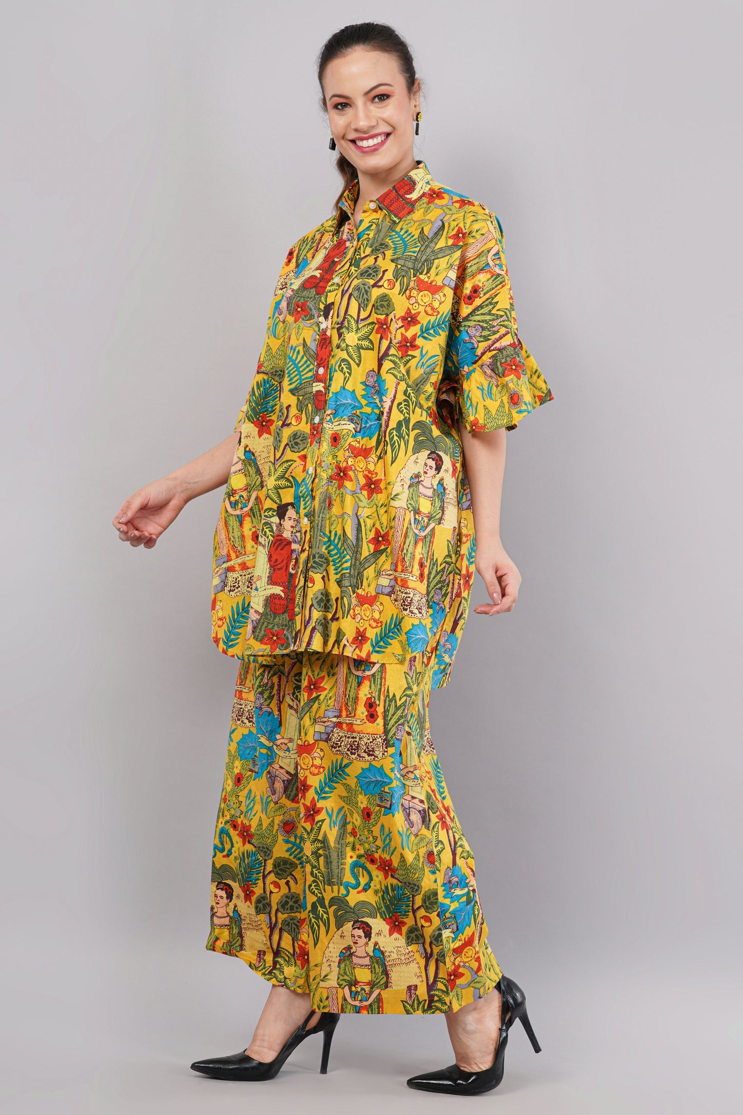 Yellow Frida Kahlo Artistic Print Co-Ord Set for Women | Relaxed Fit Shirt & Wide-Leg Pants