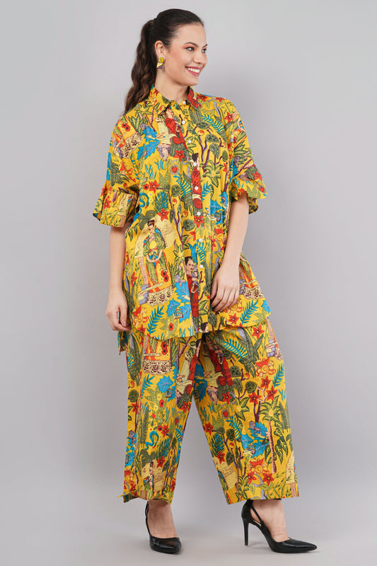 Yellow Frida Kahlo Artistic Print Co-Ord Set for Women | Relaxed Fit Shirt & Wide-Leg Pants