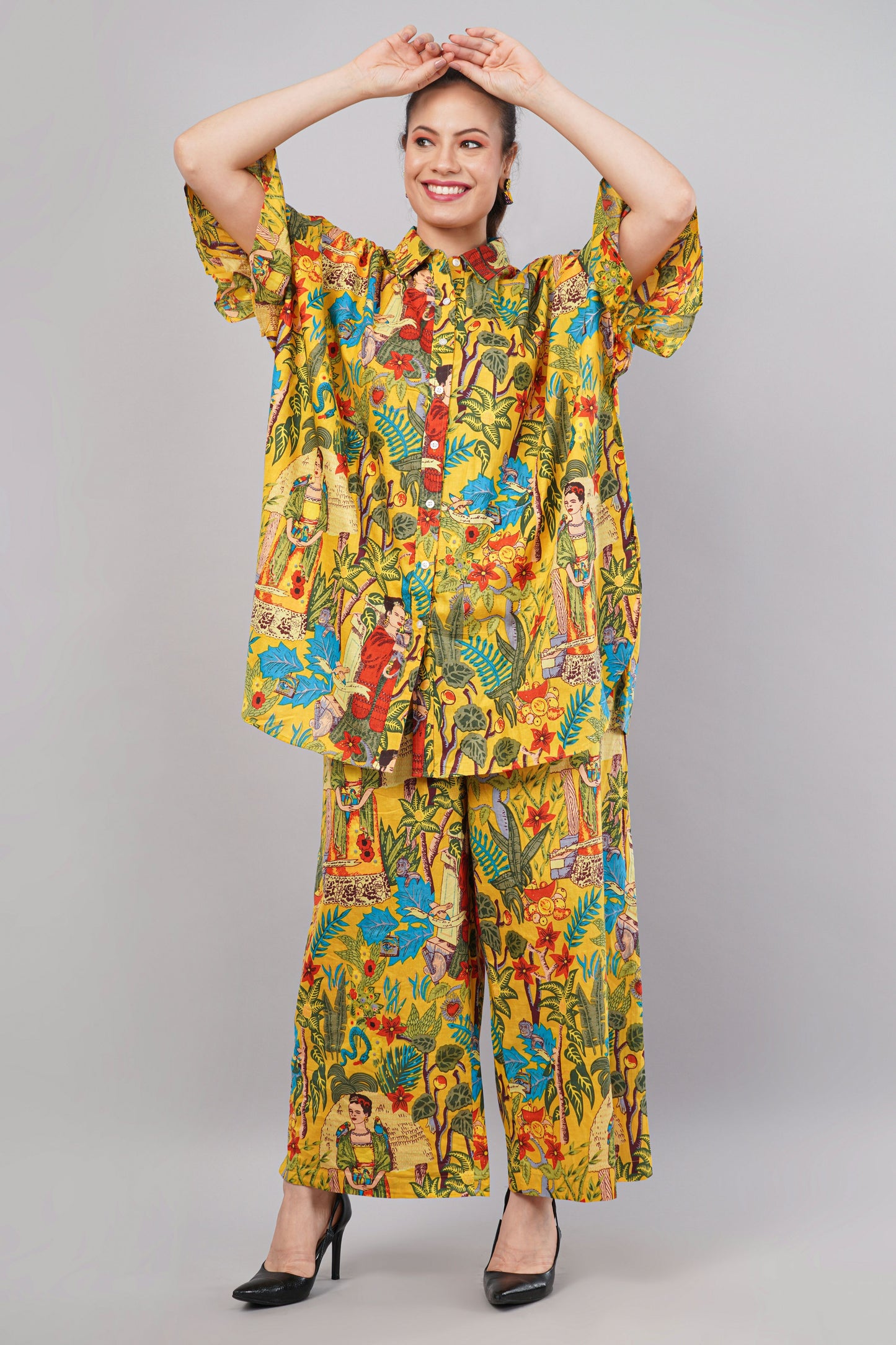 Yellow Frida Kahlo Artistic Print Co-Ord Set for Women | Relaxed Fit Shirt & Wide-Leg Pants