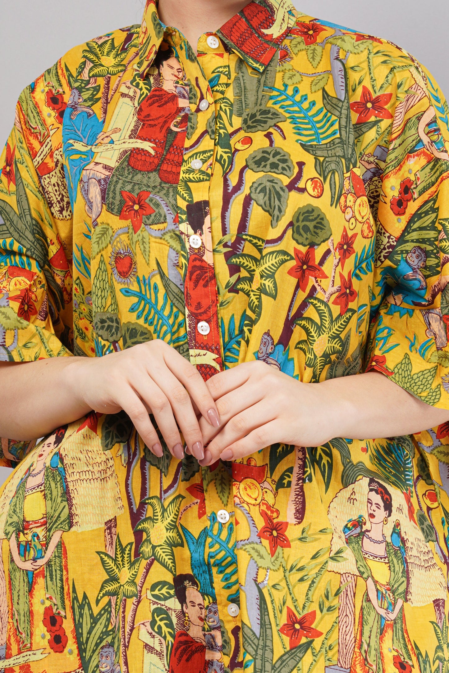 Yellow Frida Kahlo Artistic Print Co-Ord Set for Women | Relaxed Fit Shirt & Wide-Leg Pants