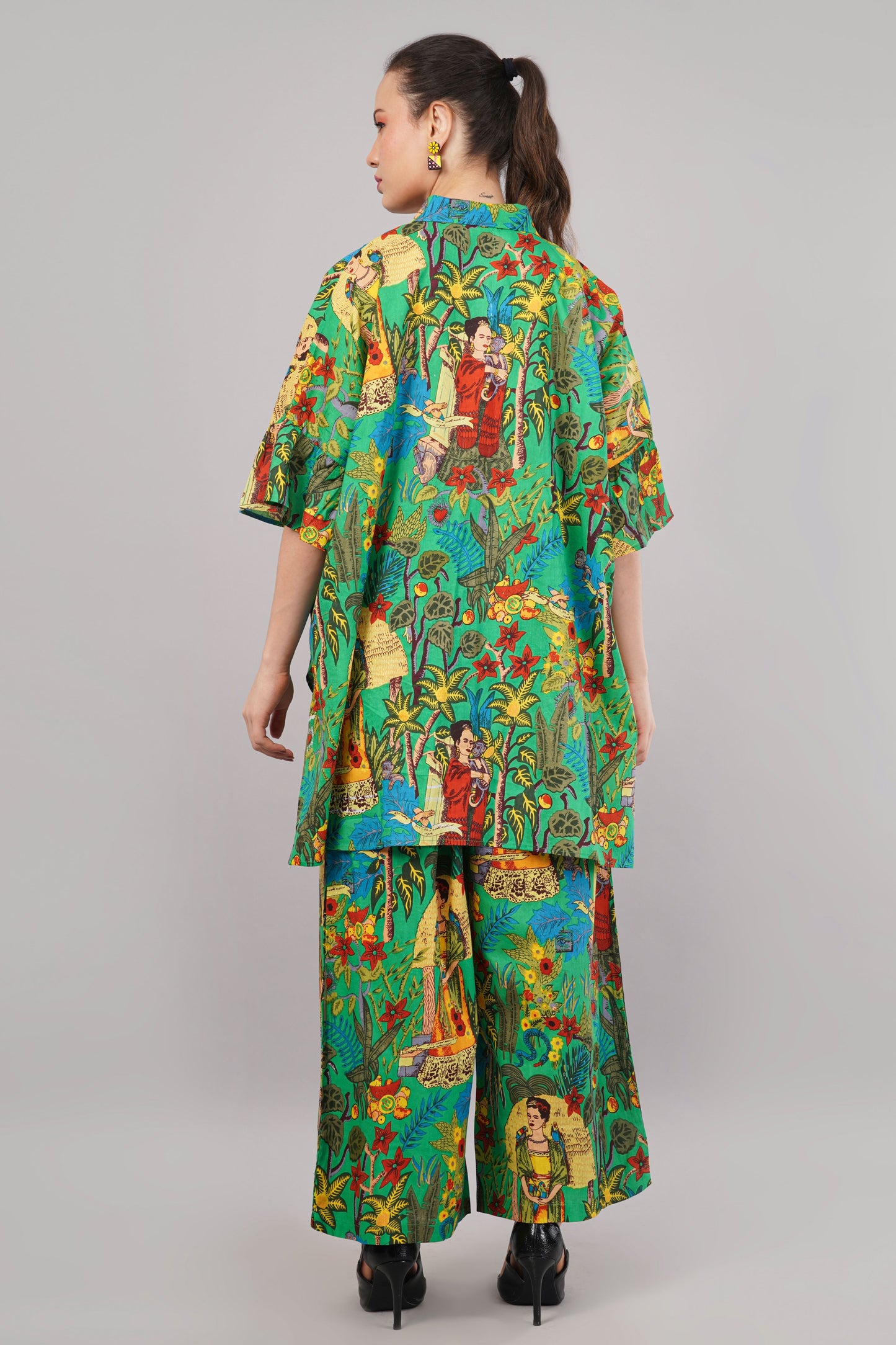 Frida Kahlo Inspired Graphic Print Green Co-ord Set | Relaxed Fit Shirt & Wide-Leg Trousers