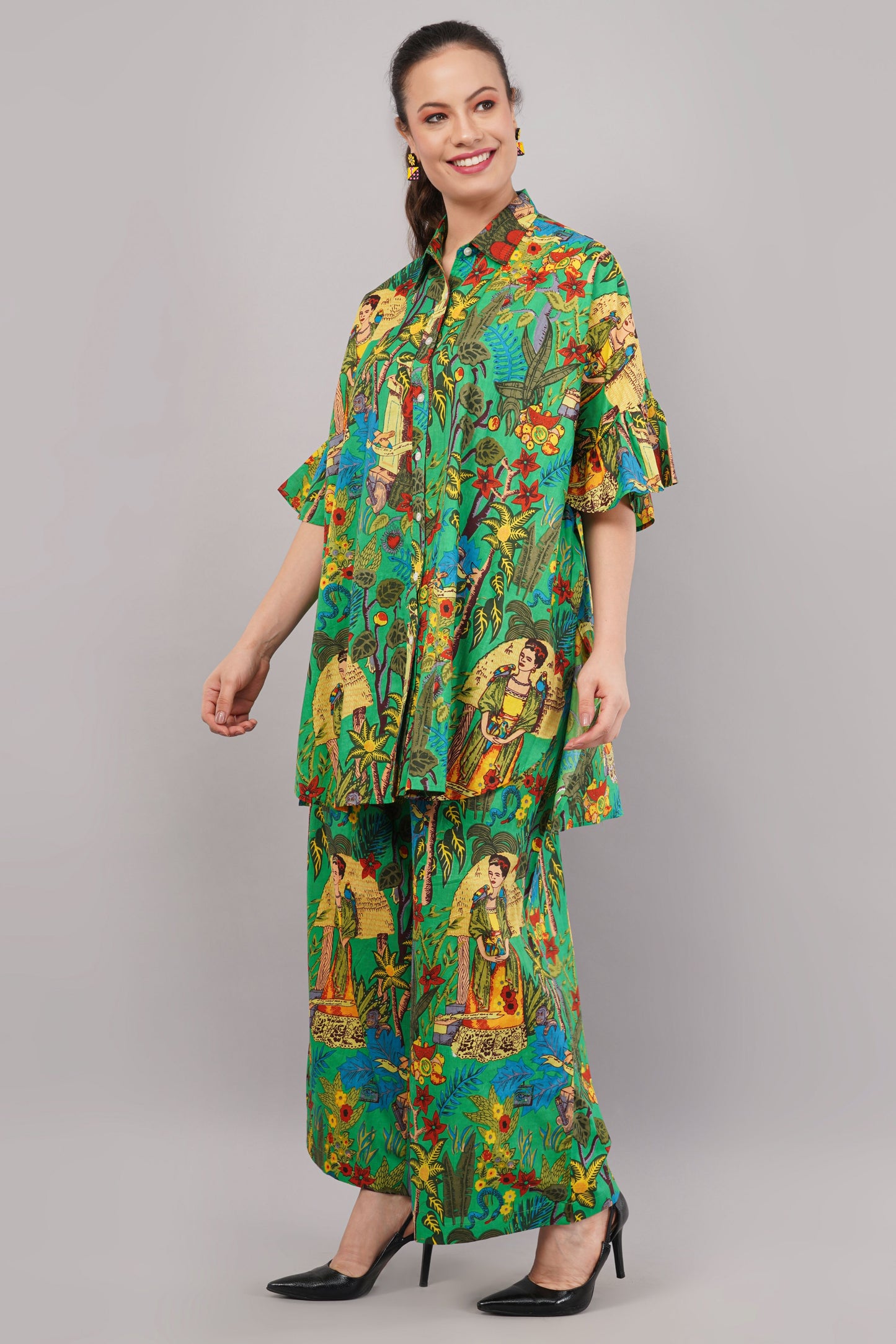 Frida Kahlo Inspired Graphic Print Green Co-ord Set | Relaxed Fit Shirt & Wide-Leg Trousers