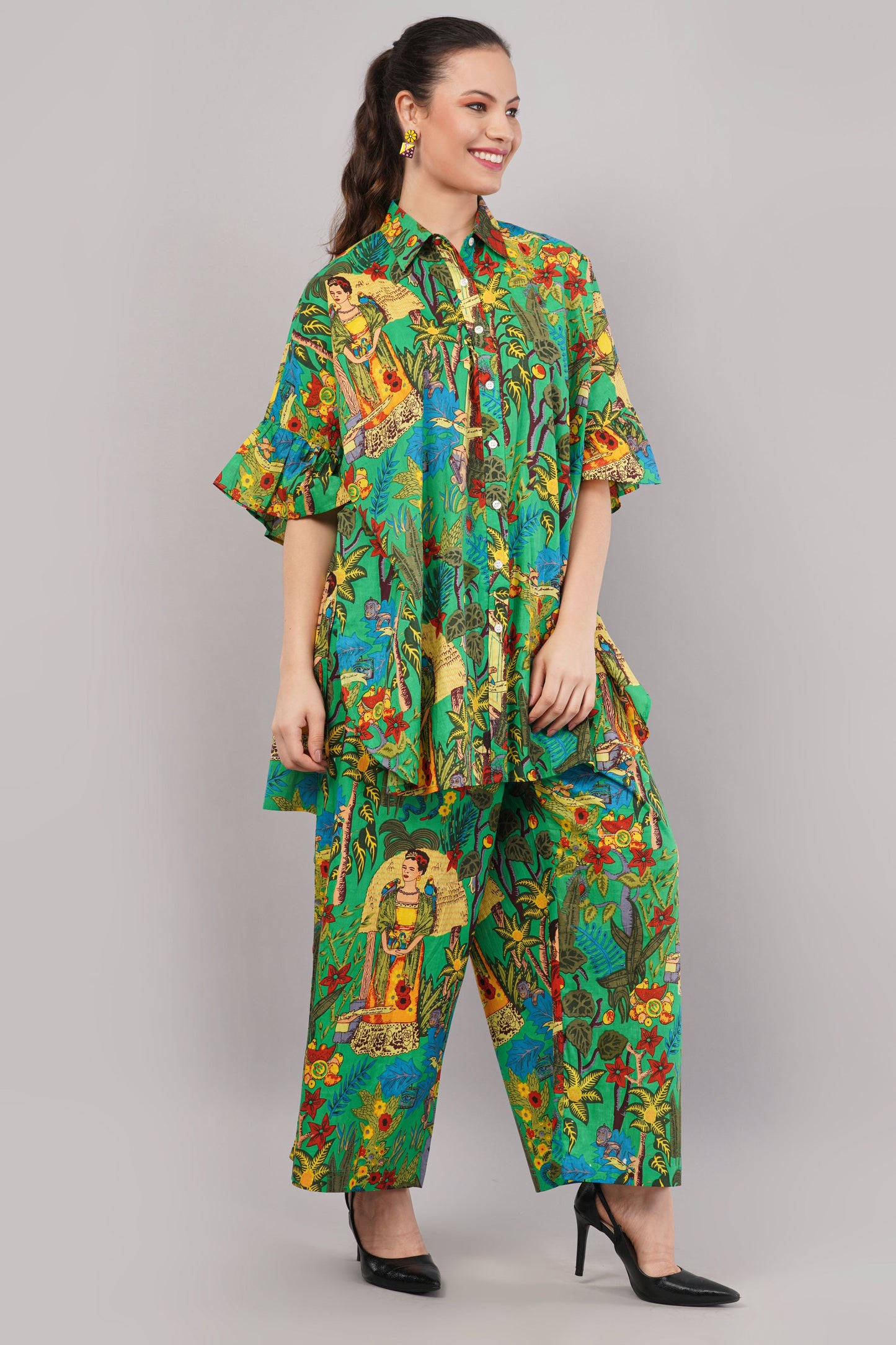 Frida Kahlo Inspired Graphic Print Green Co-ord Set | Relaxed Fit Shirt & Wide-Leg Trousers
