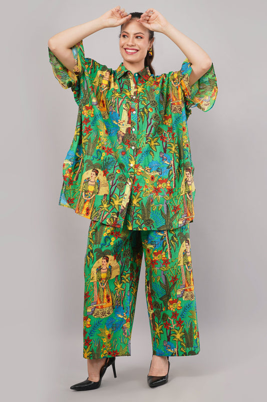 Frida Kahlo Inspired Graphic Print Green Co-ord Set | Relaxed Fit Shirt & Wide-Leg Trousers