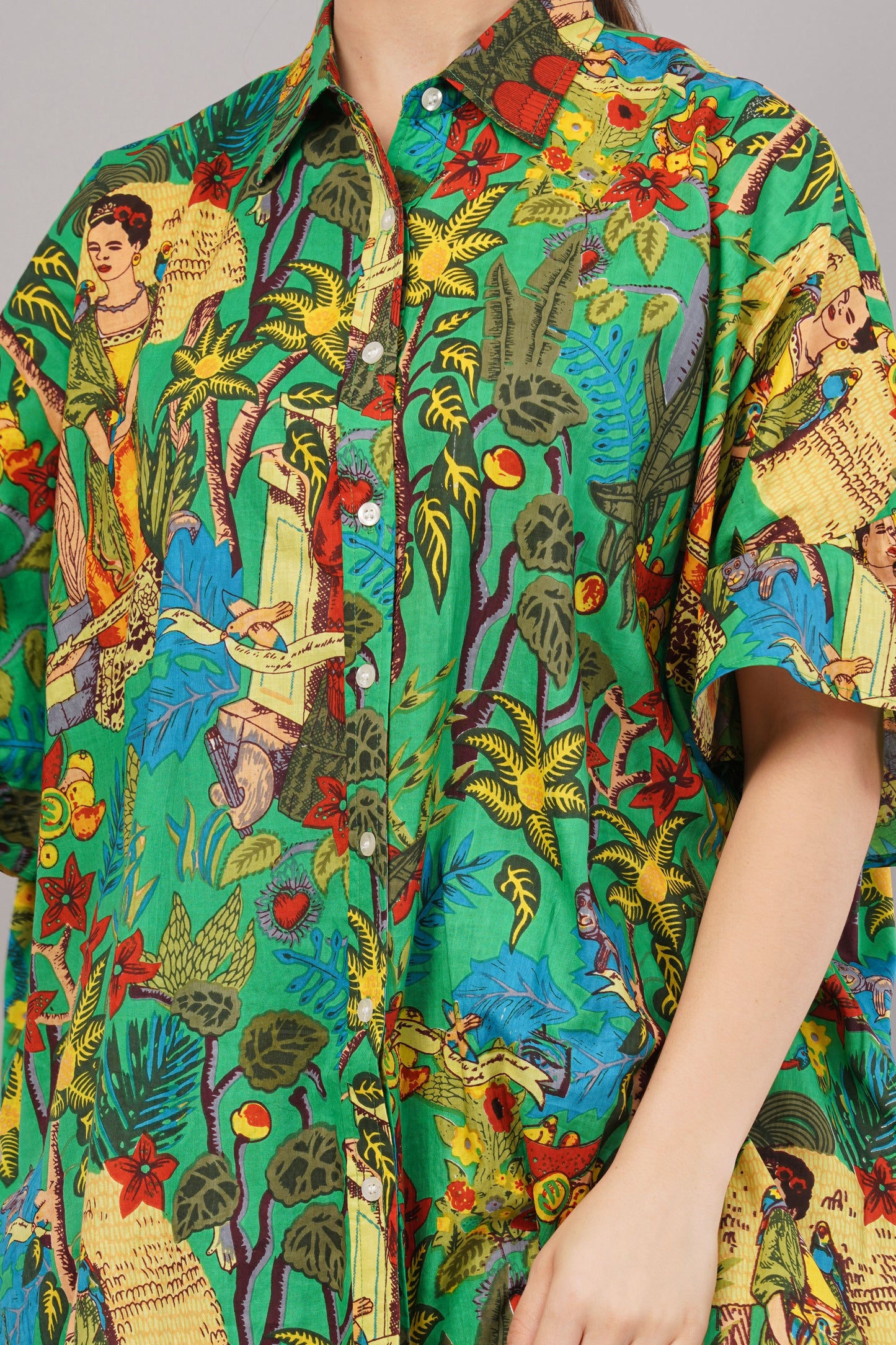 Frida Kahlo Inspired Graphic Print Green Co-ord Set | Relaxed Fit Shirt & Wide-Leg Trousers