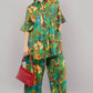 Frida Kahlo Inspired Graphic Print Green Co-ord Set | Relaxed Fit Shirt & Wide-Leg Trousers