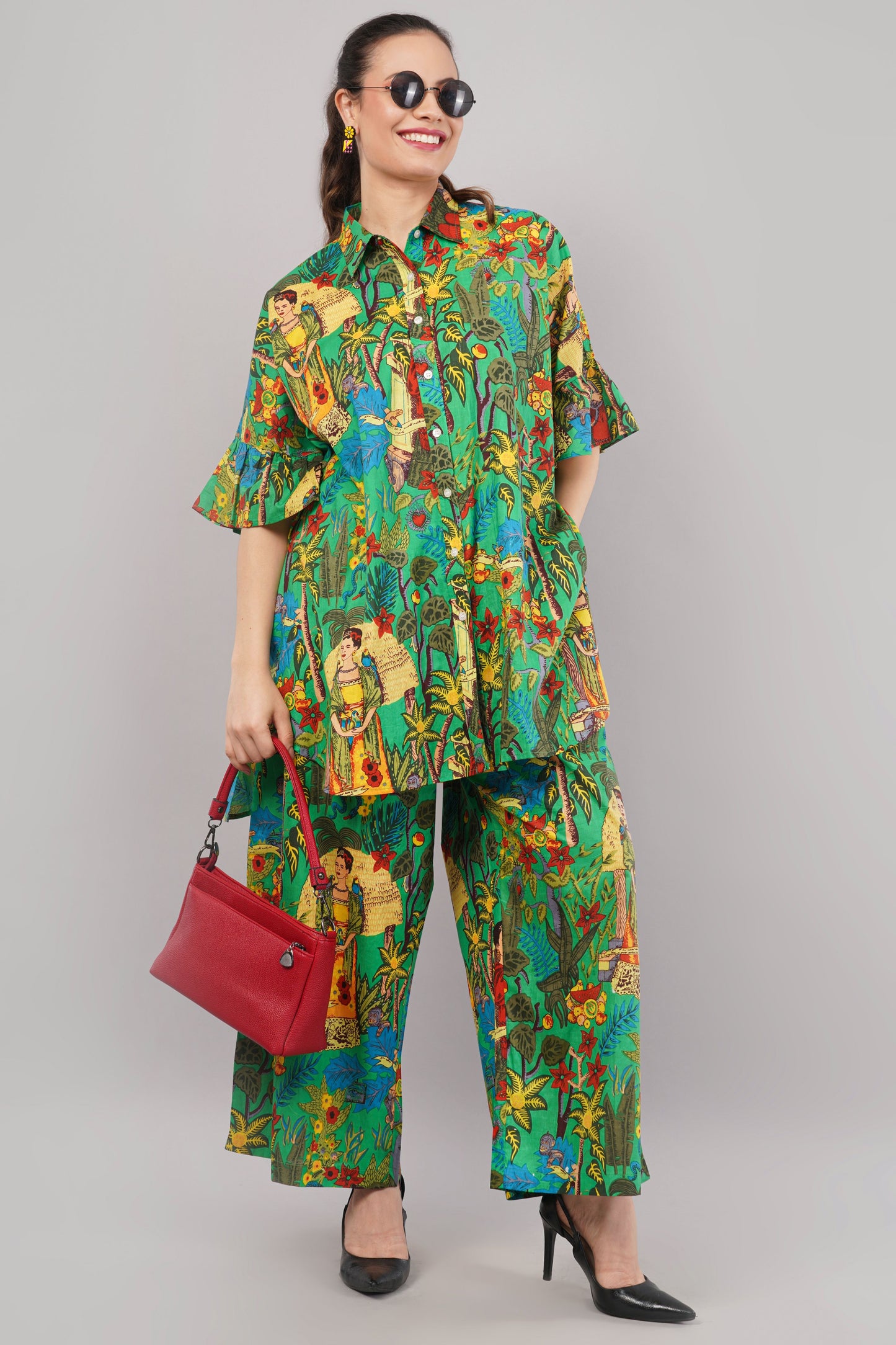 Frida Kahlo Inspired Graphic Print Green Co-ord Set | Relaxed Fit Shirt & Wide-Leg Trousers