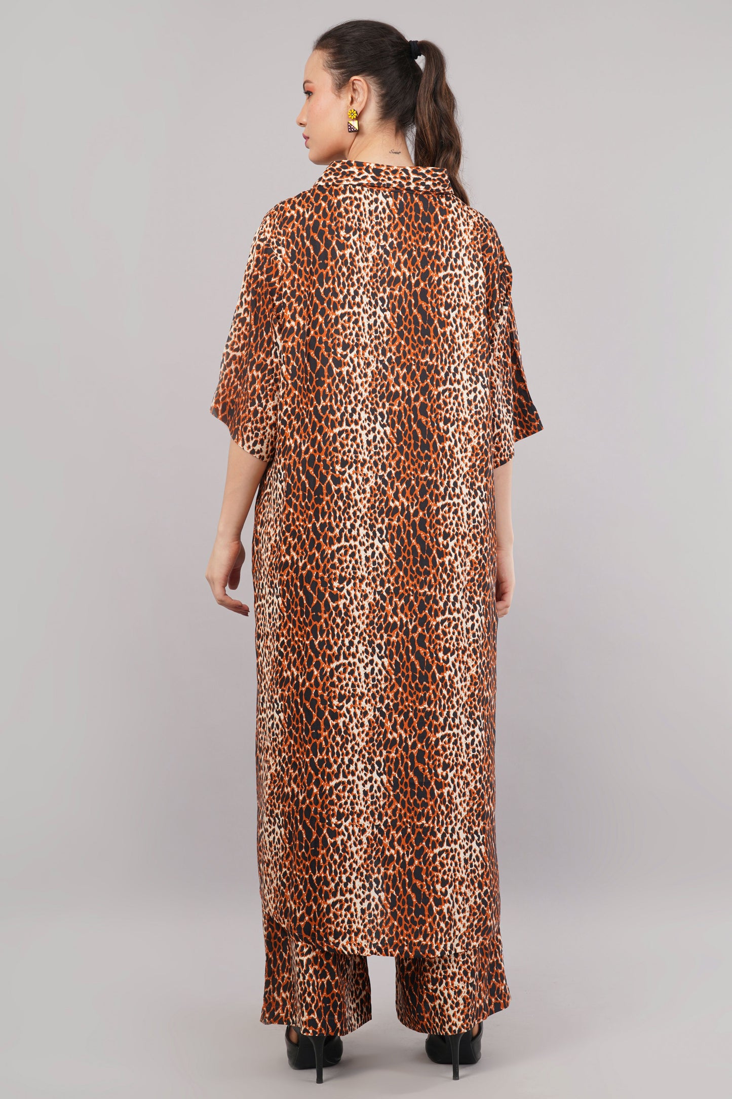 Women's Leopard Print Brown Co-ord Set | Longline Button-Down Shirt & Wide-Leg Pants