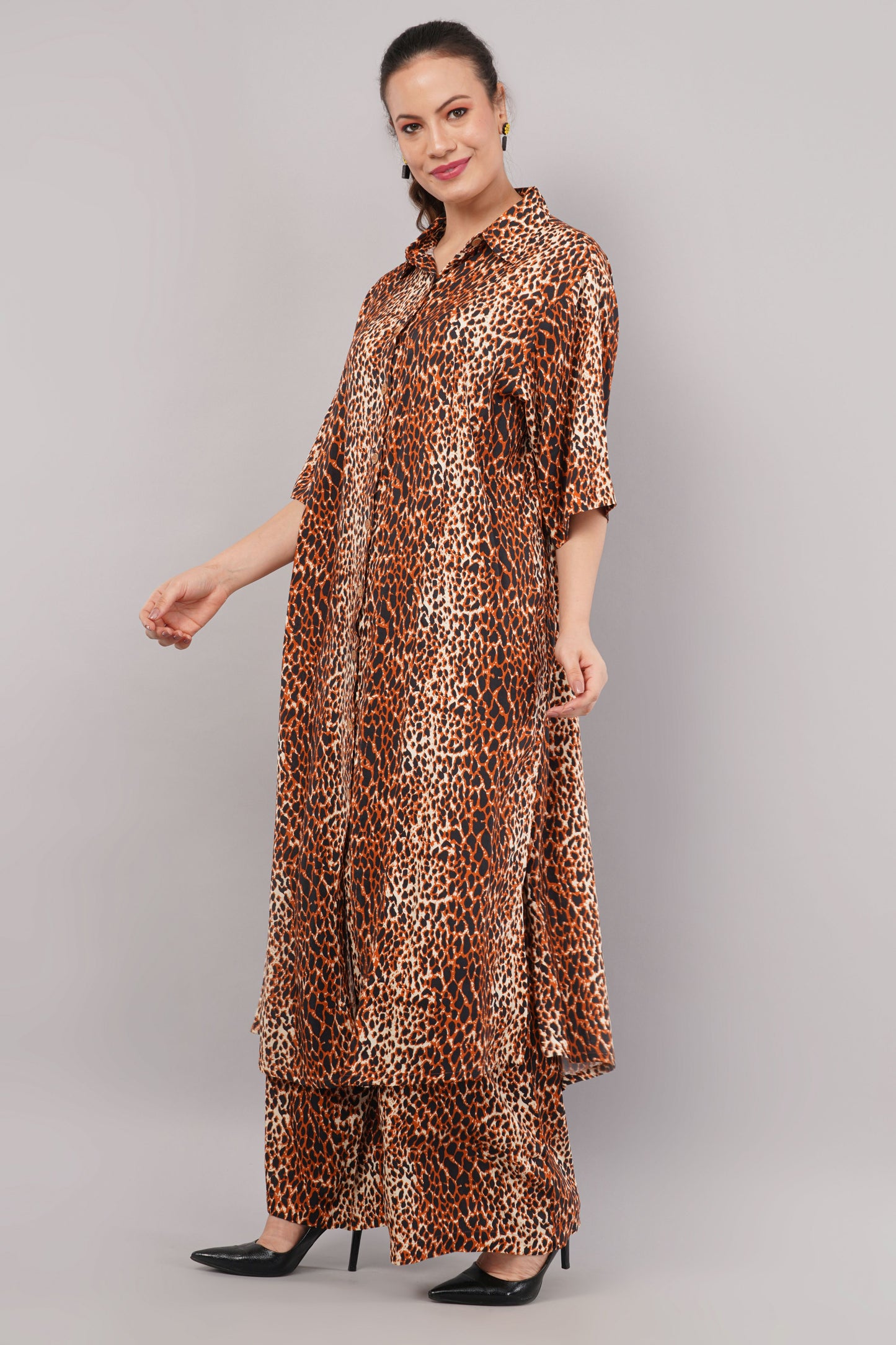 Women's Leopard Print Brown Co-ord Set | Longline Button-Down Shirt & Wide-Leg Pants