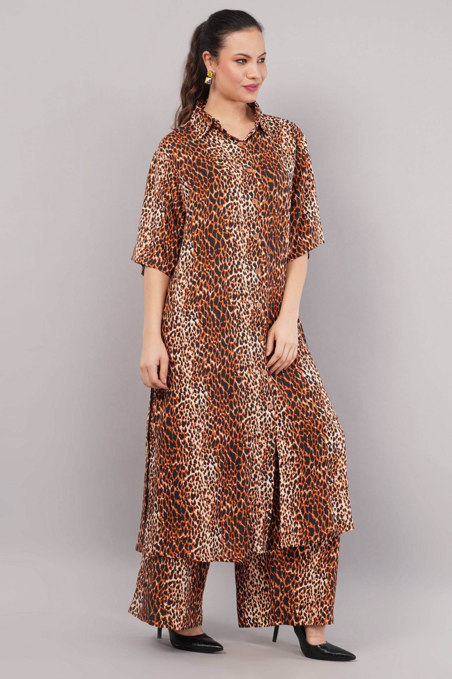 Women's Leopard Print Brown Co-ord Set | Longline Button-Down Shirt & Wide-Leg Pants