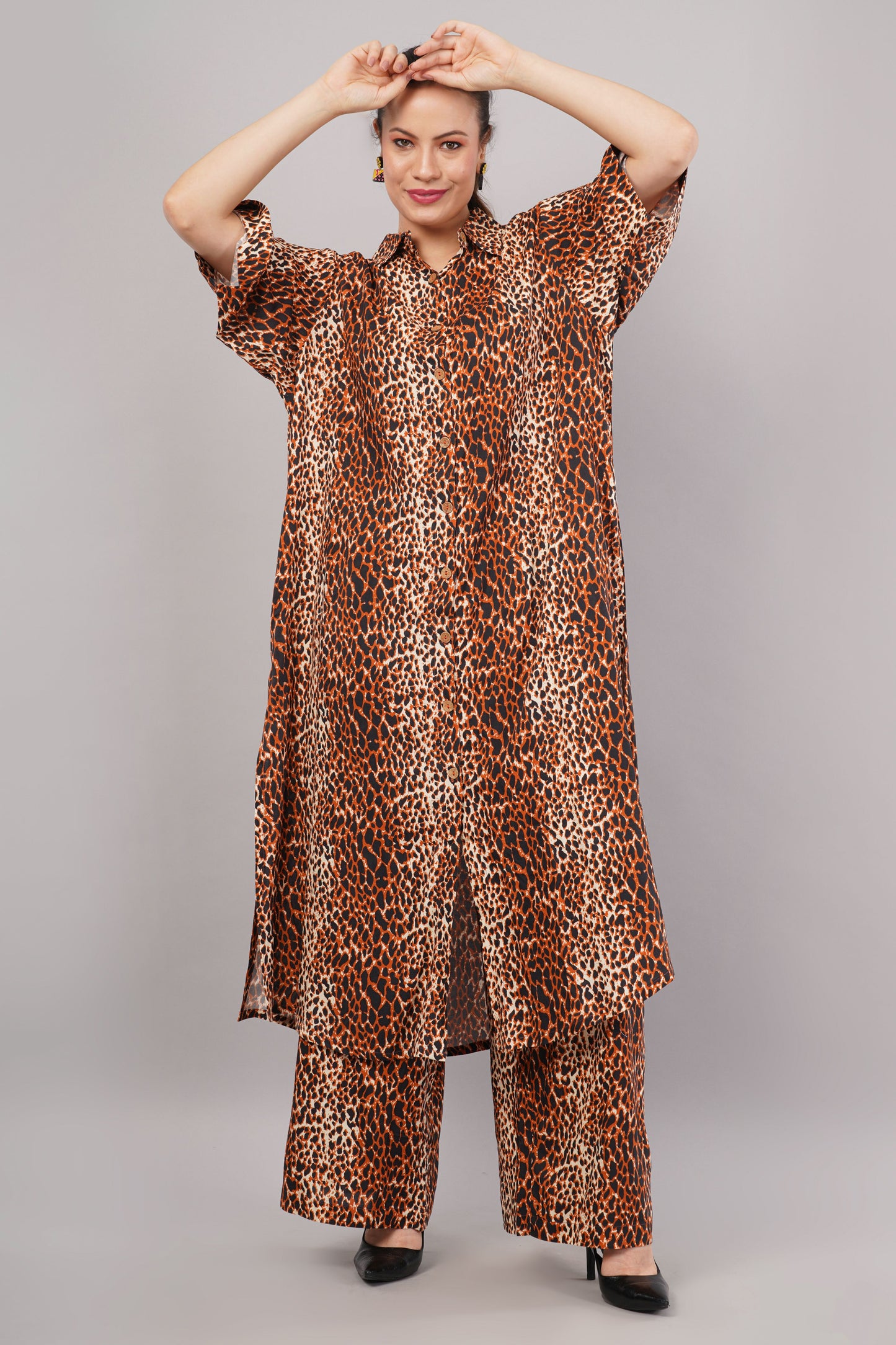 Women's Leopard Print Brown Co-ord Set | Longline Button-Down Shirt & Wide-Leg Pants
