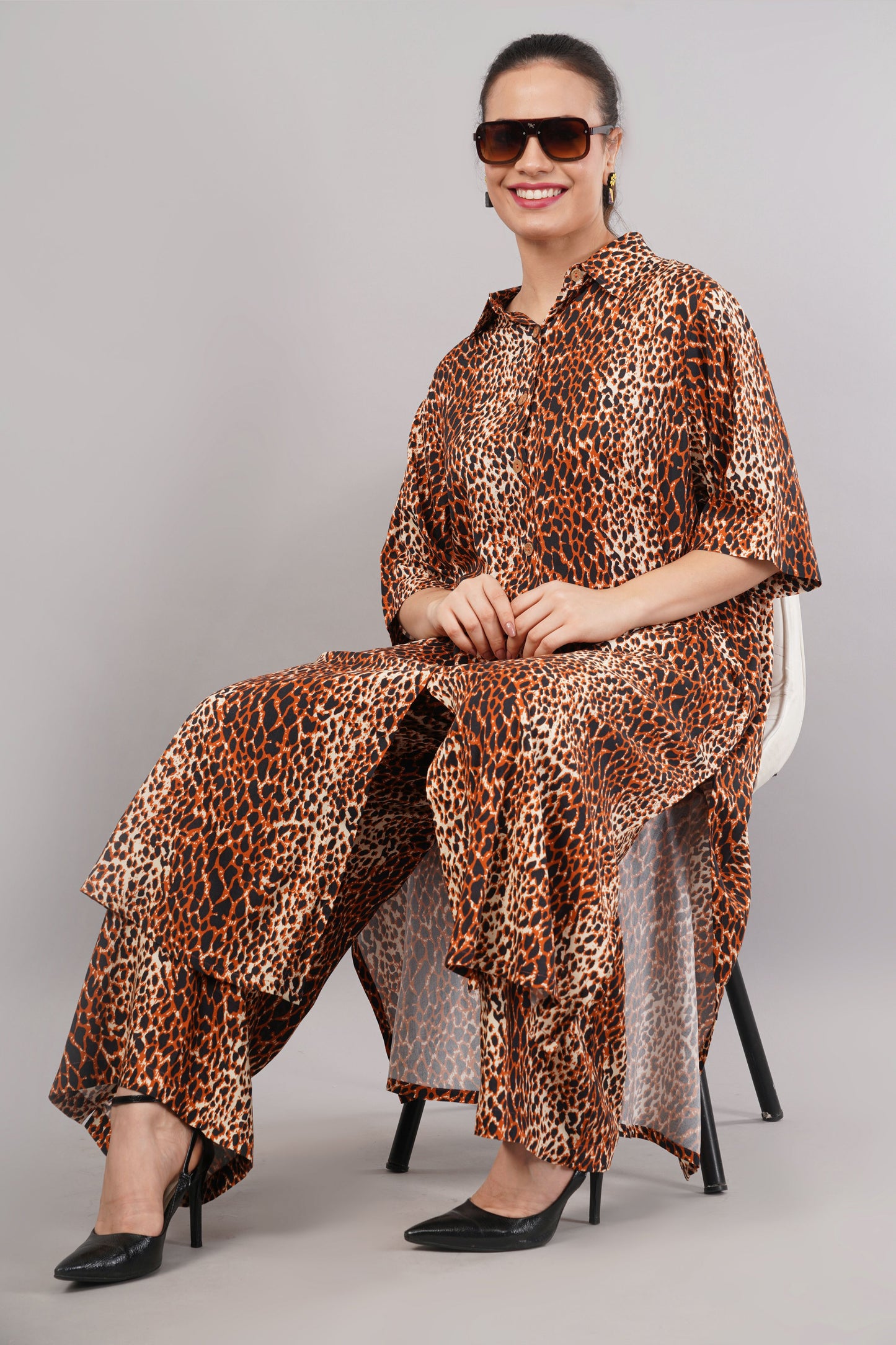 Women's Leopard Print Brown Co-ord Set | Longline Button-Down Shirt & Wide-Leg Pants