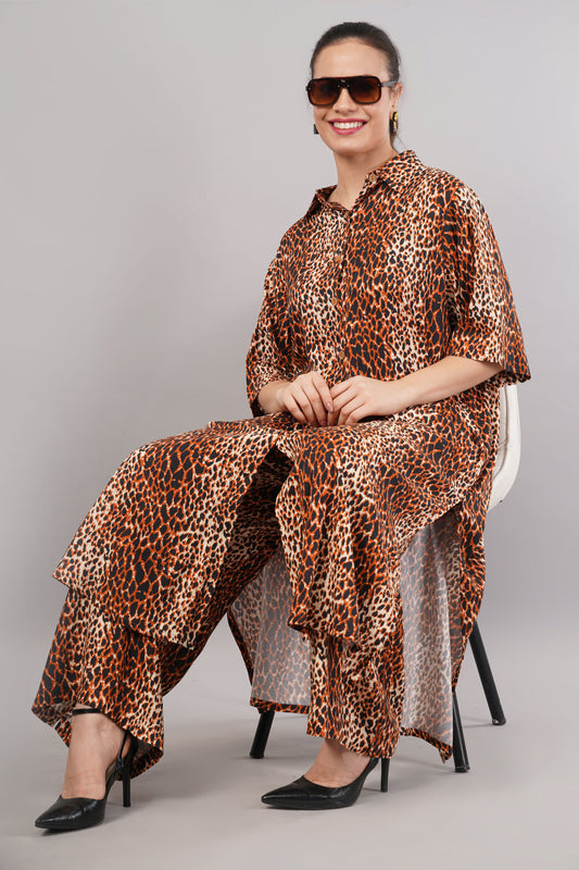 Women's Leopard Print Brown Co-ord Set | Longline Button-Down Shirt & Wide-Leg Pants