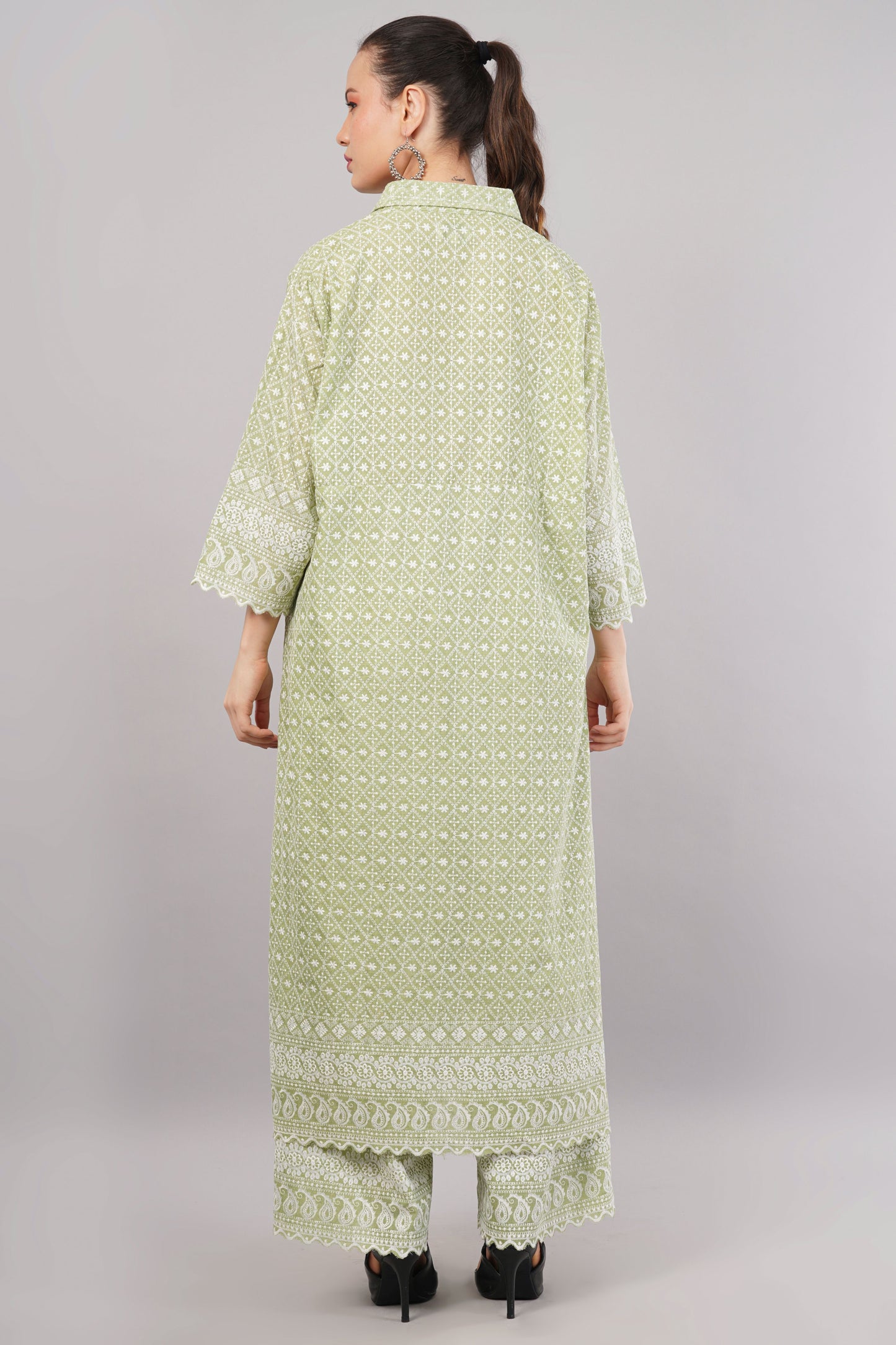 Green Ethnic Print Co-ord Set | Longline Tunic Shirt with Embroidery