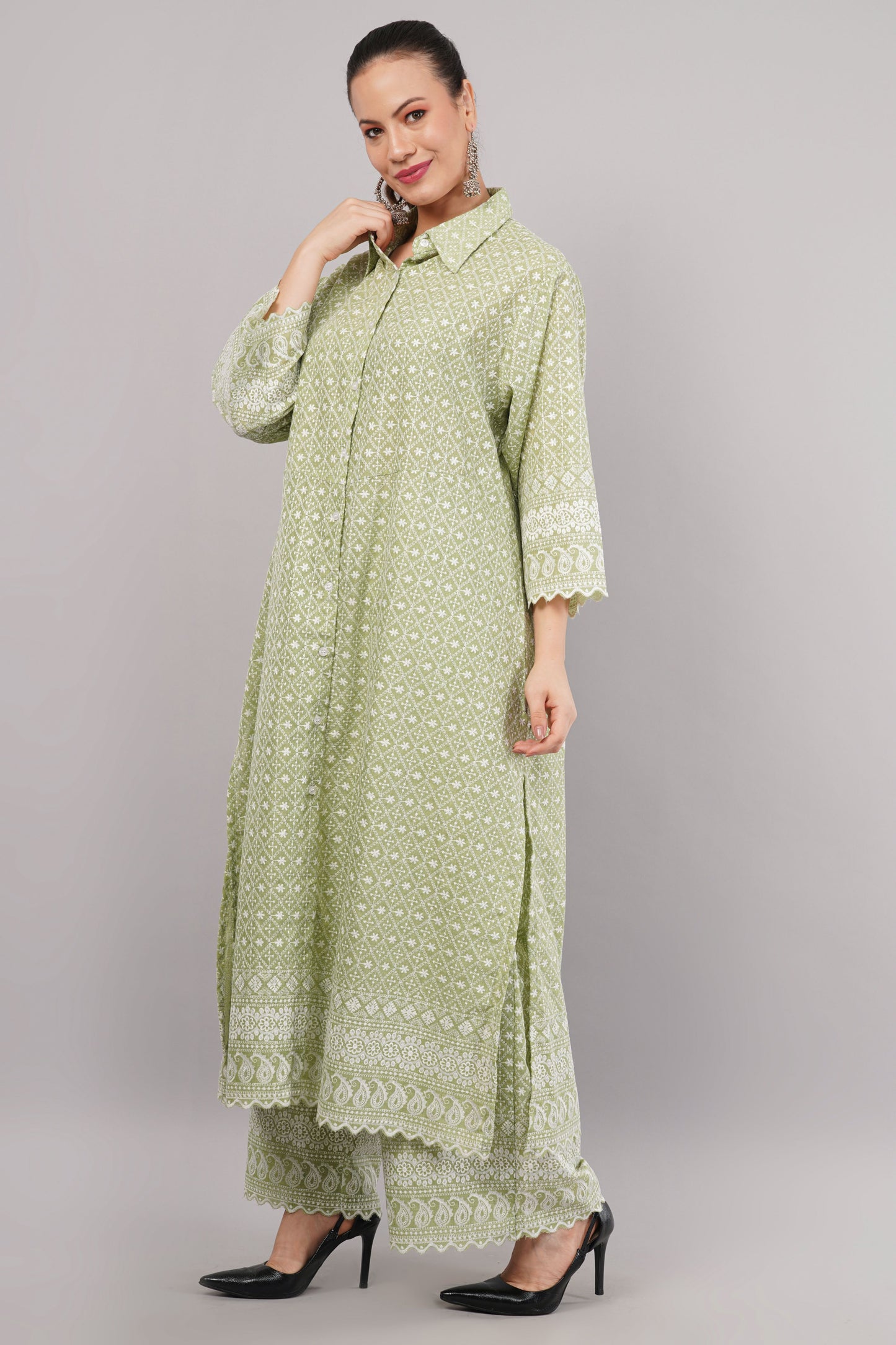 Green Ethnic Print Co-ord Set | Longline Tunic Shirt with Embroidery
