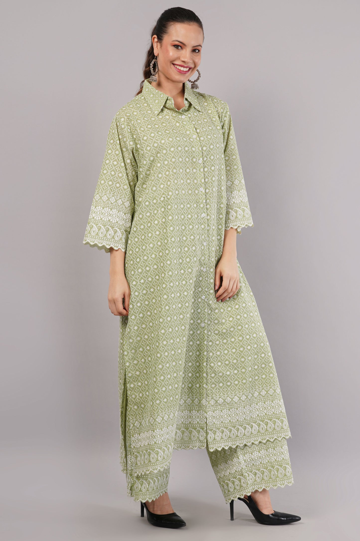 Green Ethnic Print Co-ord Set | Longline Tunic Shirt with Embroidery