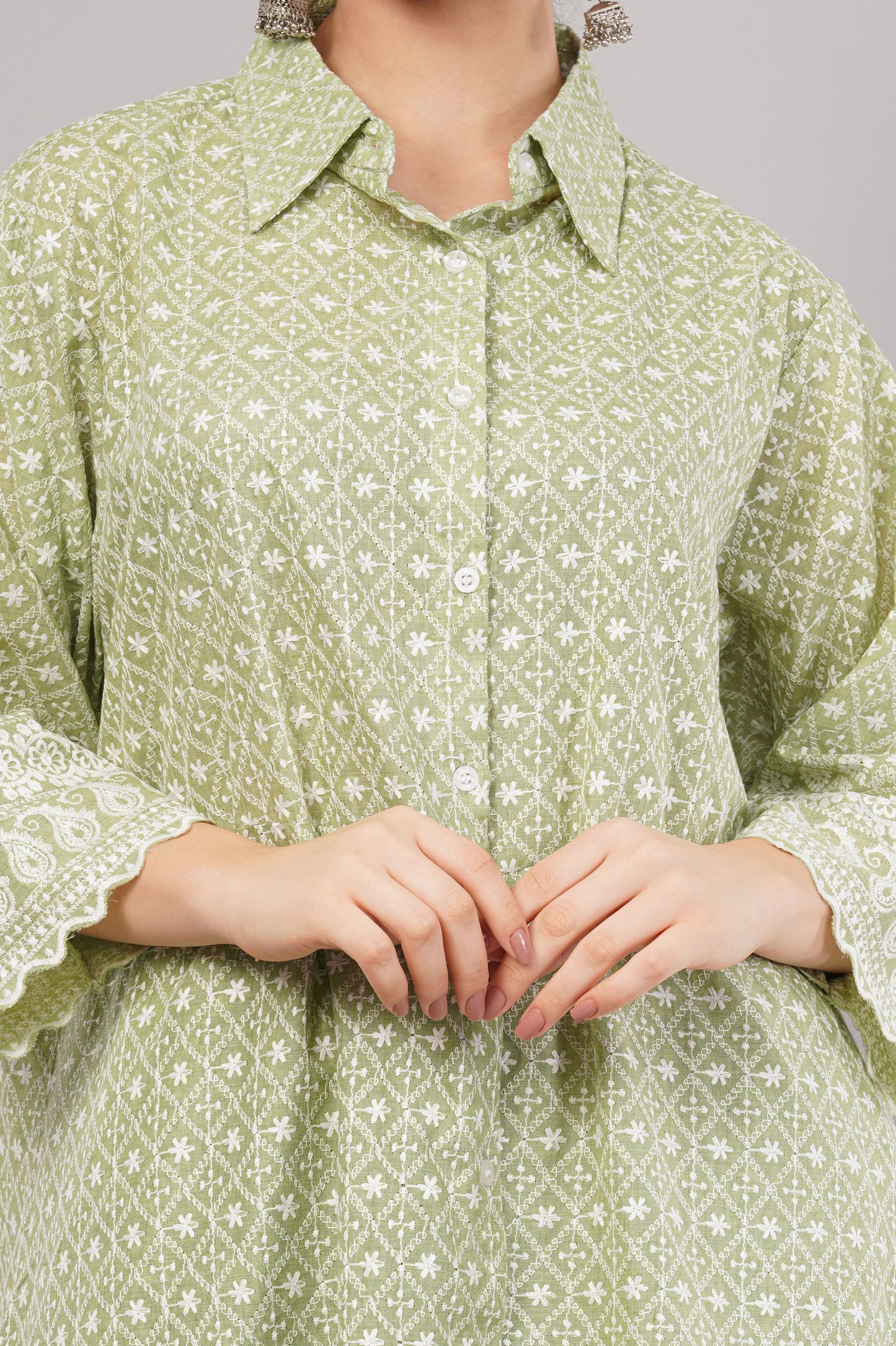 Green Ethnic Print Co-ord Set | Longline Tunic Shirt with Embroidery