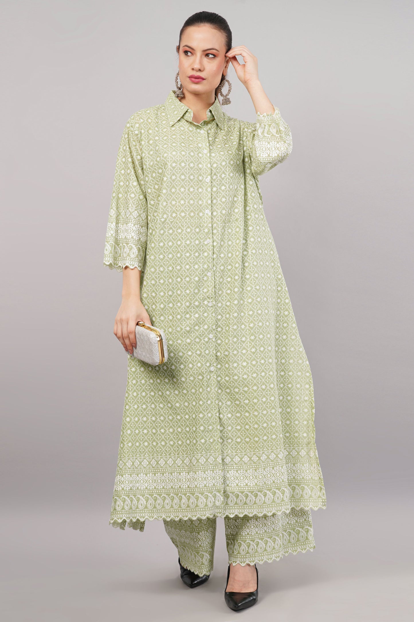 Green Ethnic Print Co-ord Set | Longline Tunic Shirt with Embroidery