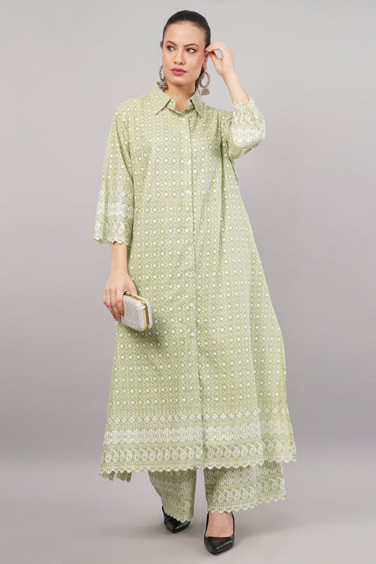 Green Ethnic Print Co-ord Set | Longline Tunic Shirt with Embroidery