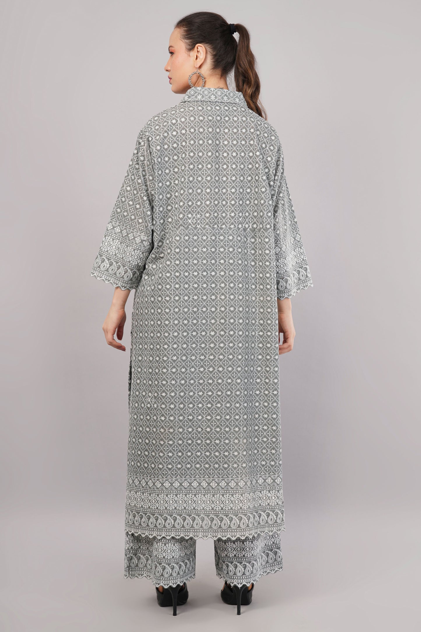 Charcoal Grey Ethnic Print Co-ord Set | Longline Tunic & Embroidered Wide-Leg Pants