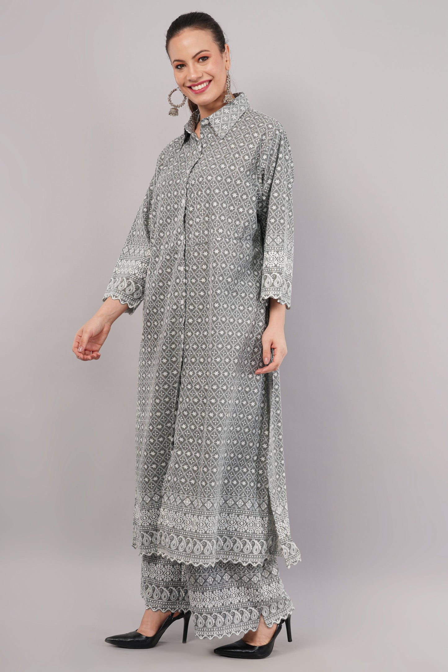 Charcoal Grey Ethnic Print Co-ord Set | Longline Tunic & Embroidered Wide-Leg Pants