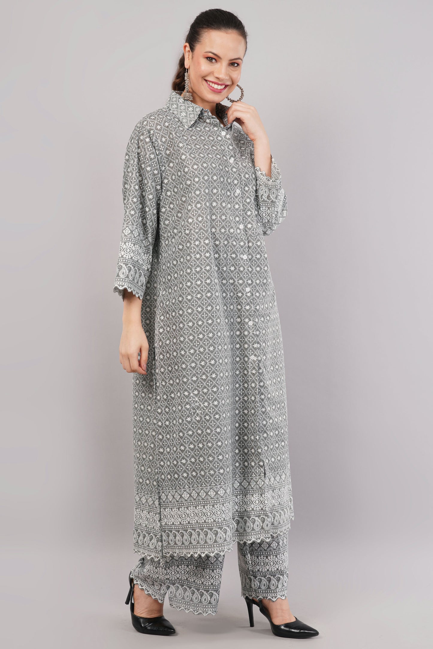 Charcoal Grey Ethnic Print Co-ord Set | Longline Tunic & Embroidered Wide-Leg Pants