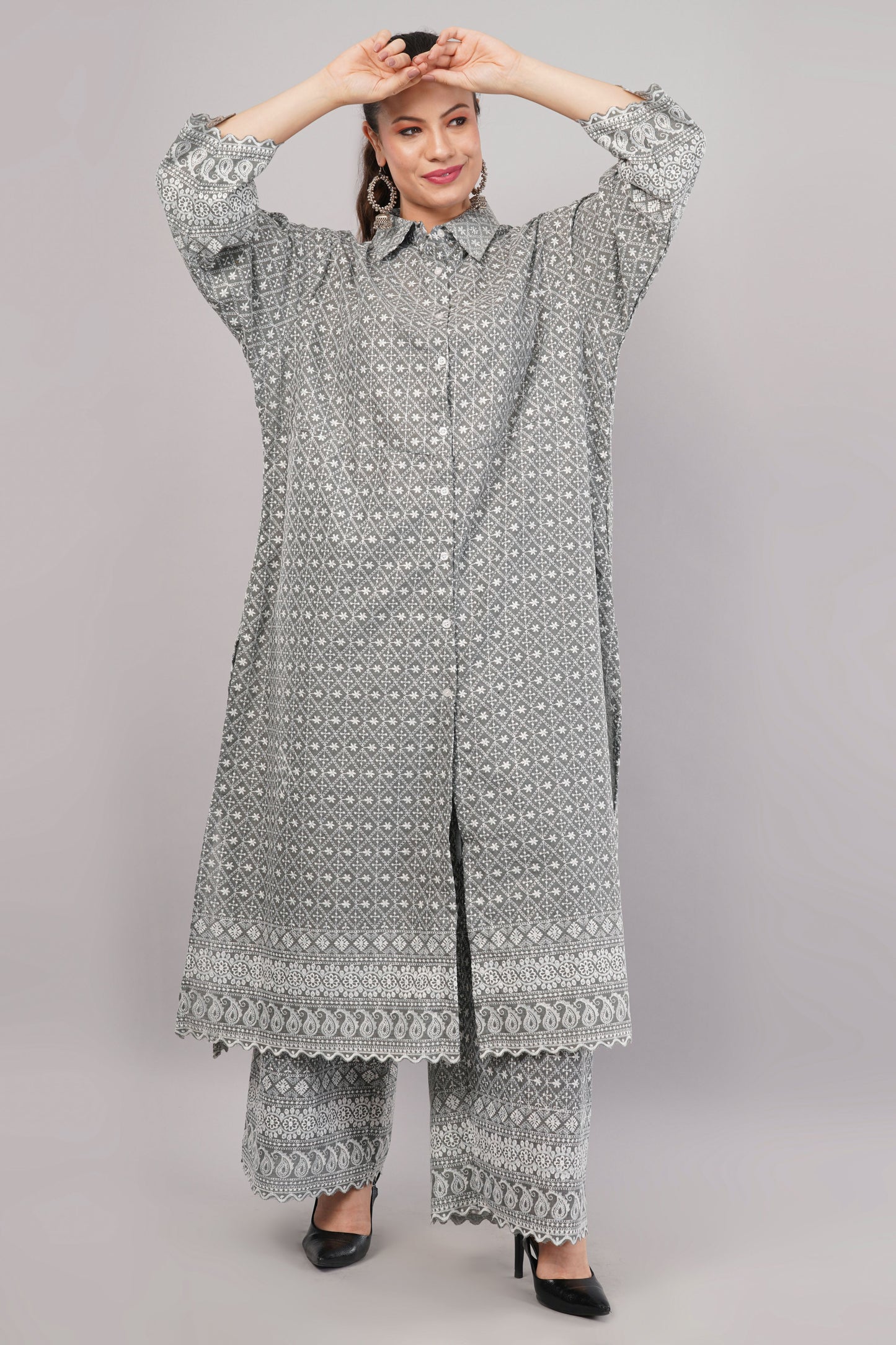 Charcoal Grey Ethnic Print Co-ord Set | Longline Tunic & Embroidered Wide-Leg Pants