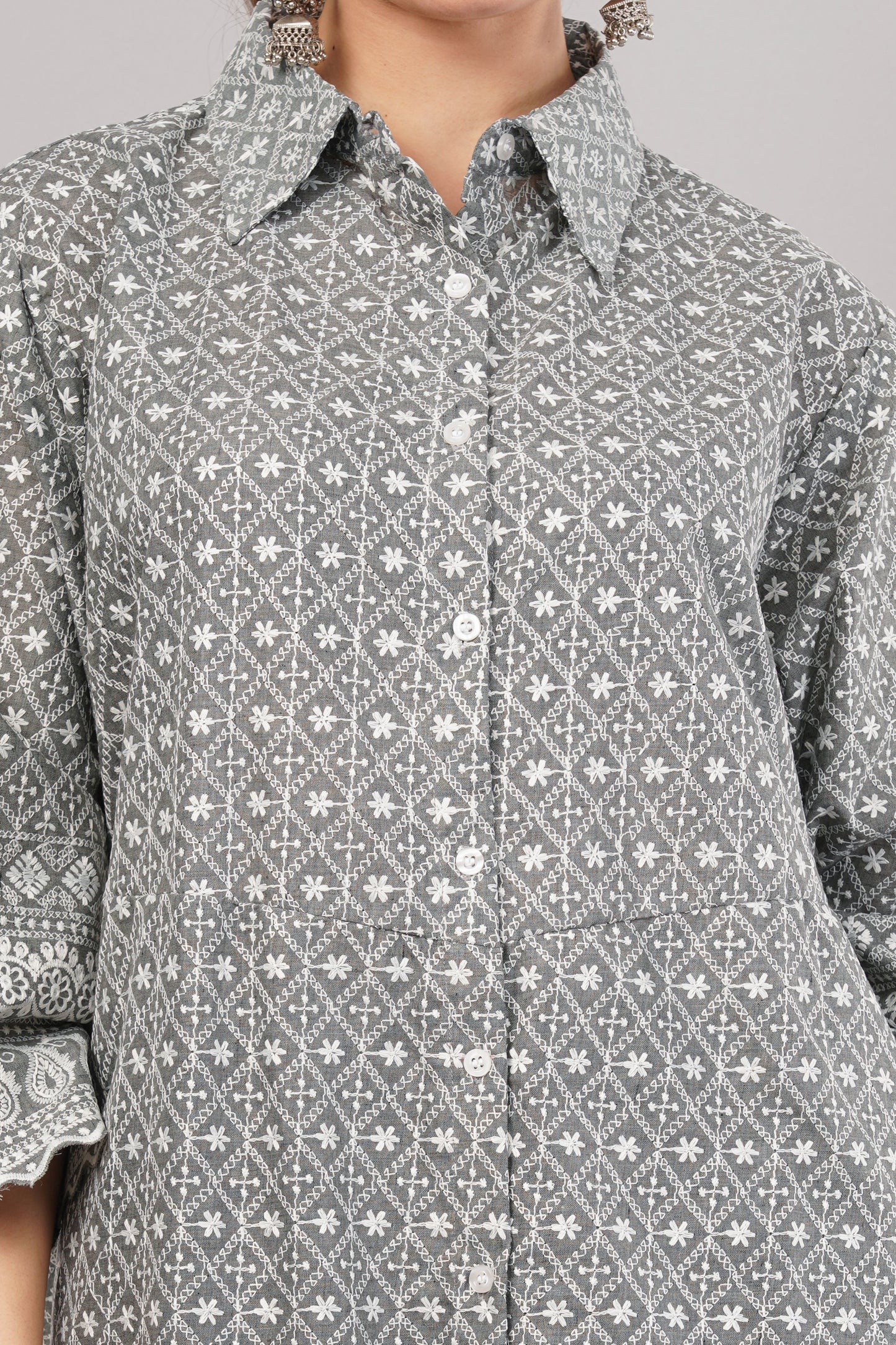 Charcoal Grey Ethnic Print Co-ord Set | Longline Tunic & Embroidered Wide-Leg Pants