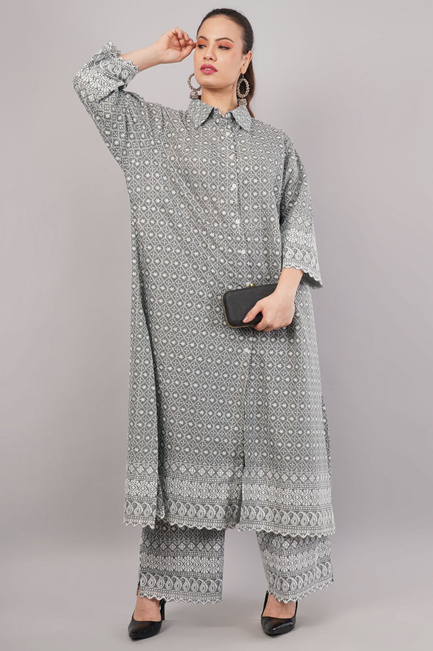 Charcoal Grey Ethnic Print Co-ord Set | Longline Tunic & Embroidered Wide-Leg Pants