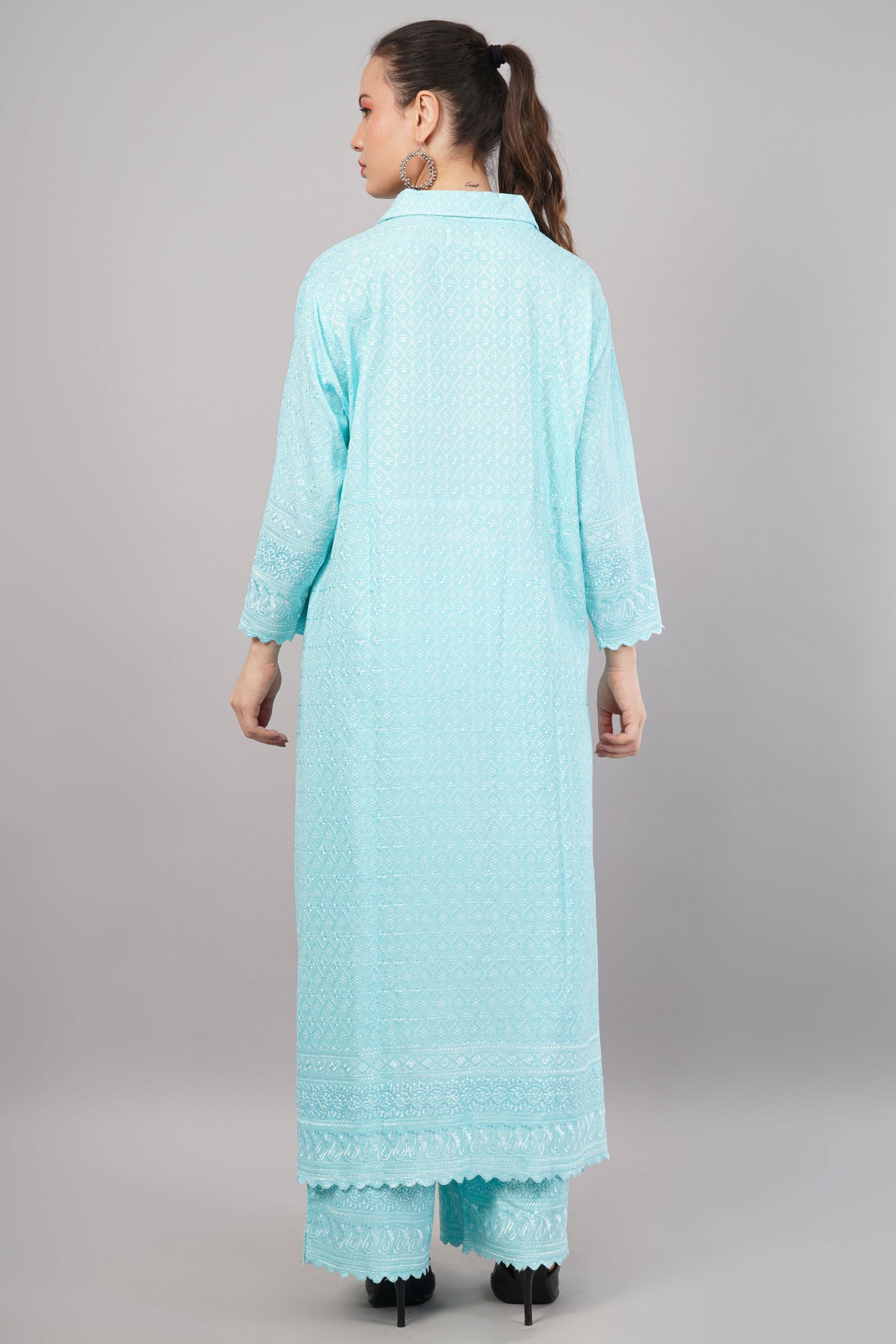 Sky Blue Ethnic Print Co-ord Set | Longline Tunic Shirt with Embroidery