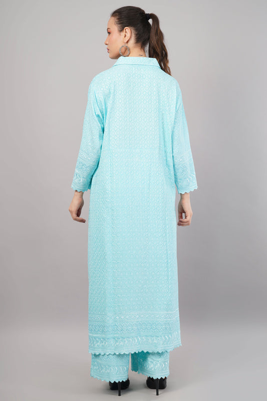 Sky Blue Ethnic Print Co-ord Set | Longline Tunic Shirt with Embroidery
