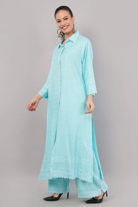 Sky Blue Ethnic Print Co-ord Set | Longline Tunic Shirt with Embroidery