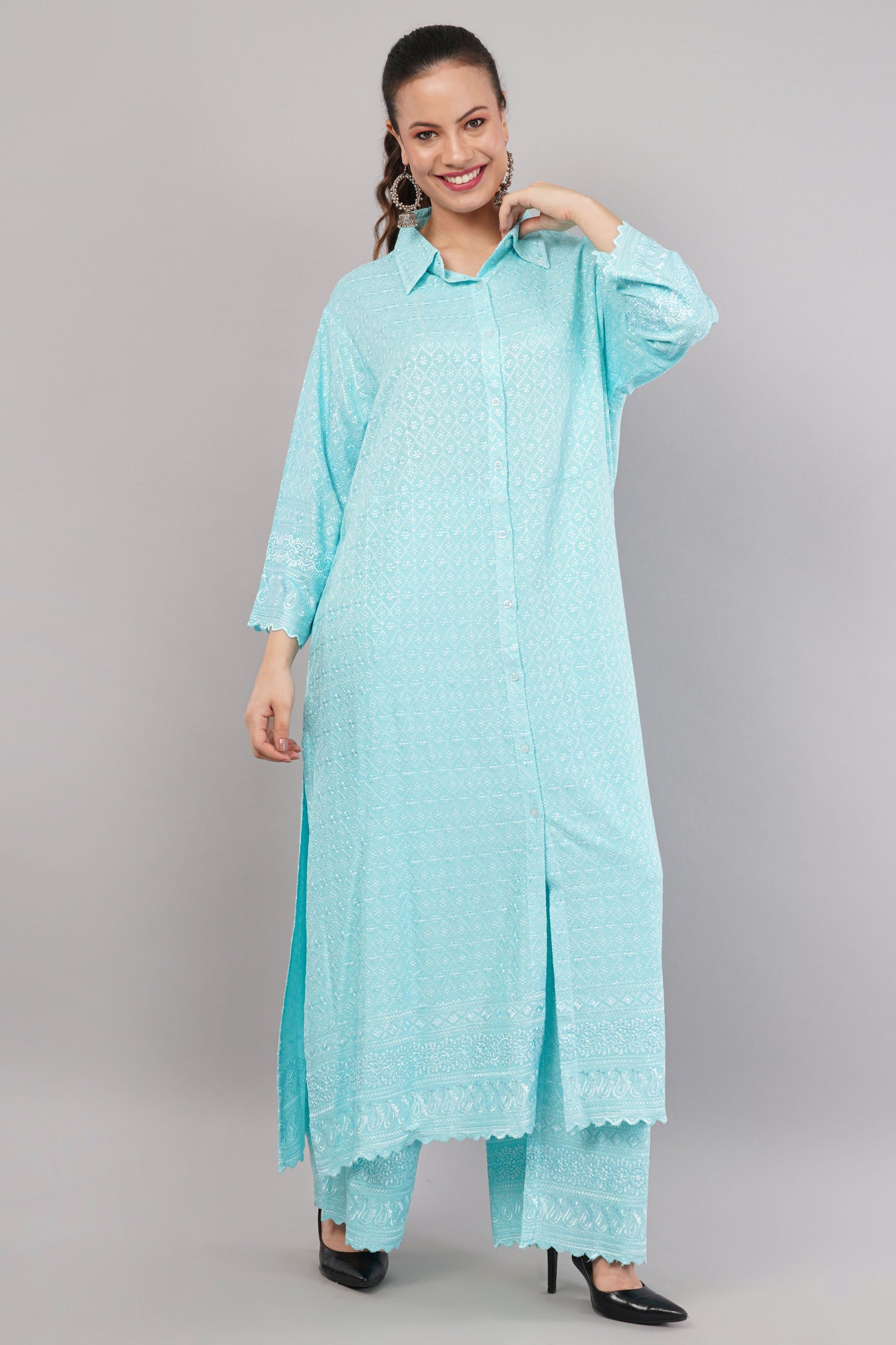 Sky Blue Ethnic Print Co-ord Set | Longline Tunic Shirt with Embroidery
